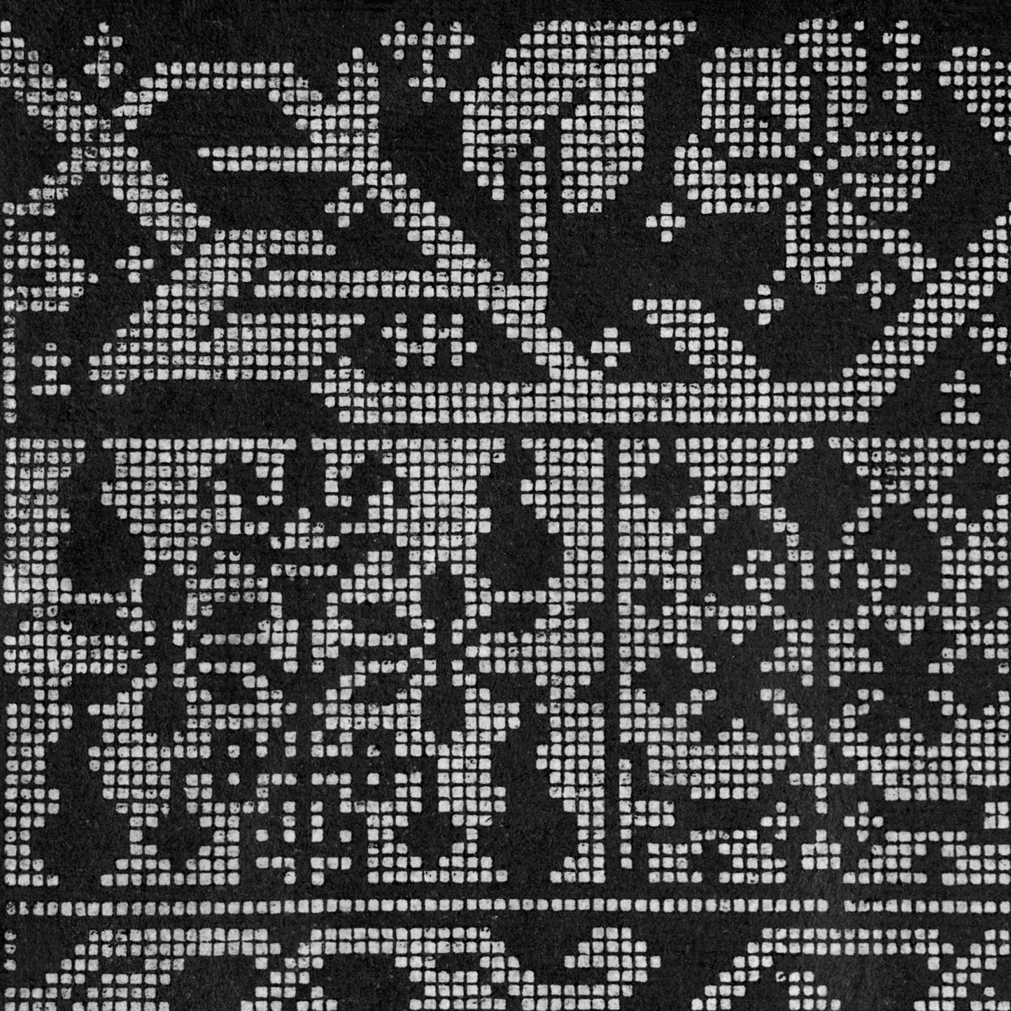 Renaissance geometric pattern detail — dotted floral and scroll motifs with small diamond accents in black lacework design