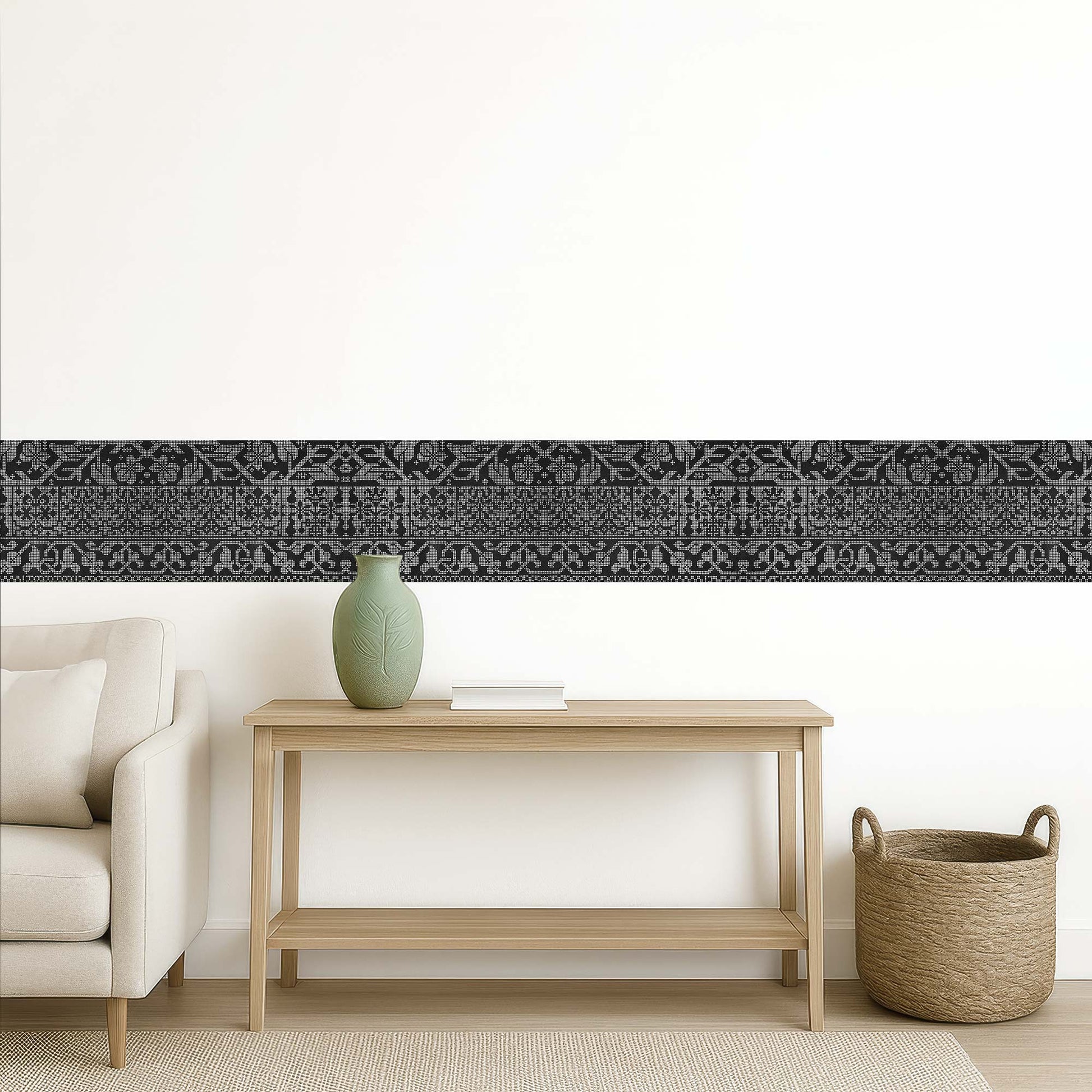 Renaissance geometric peel and stick wall border in black — horizontal accent stripe in a neutral living room above a console table and basket