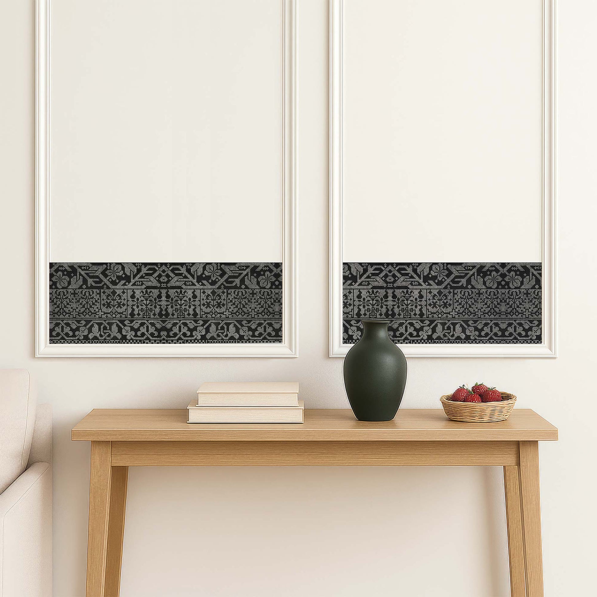 Renaissance geometric peel and stick wall border in black — installed inside classic white wall moulding panels above a console table