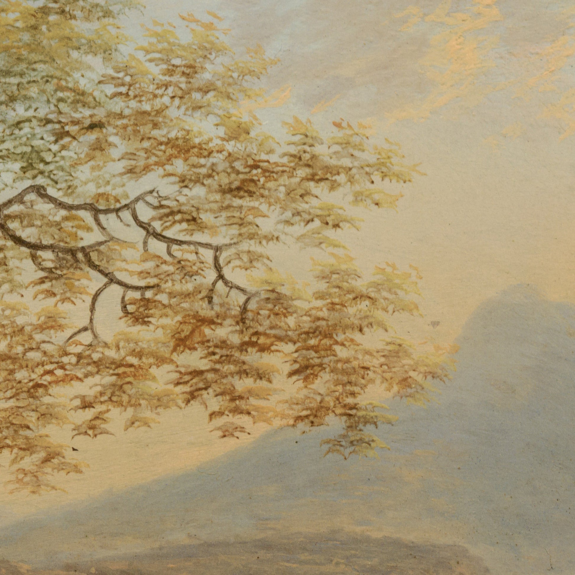 Italian river landscape artwork detail — delicate tree foliage and branches framing a distant blue mountain peak in vintage oil painting style