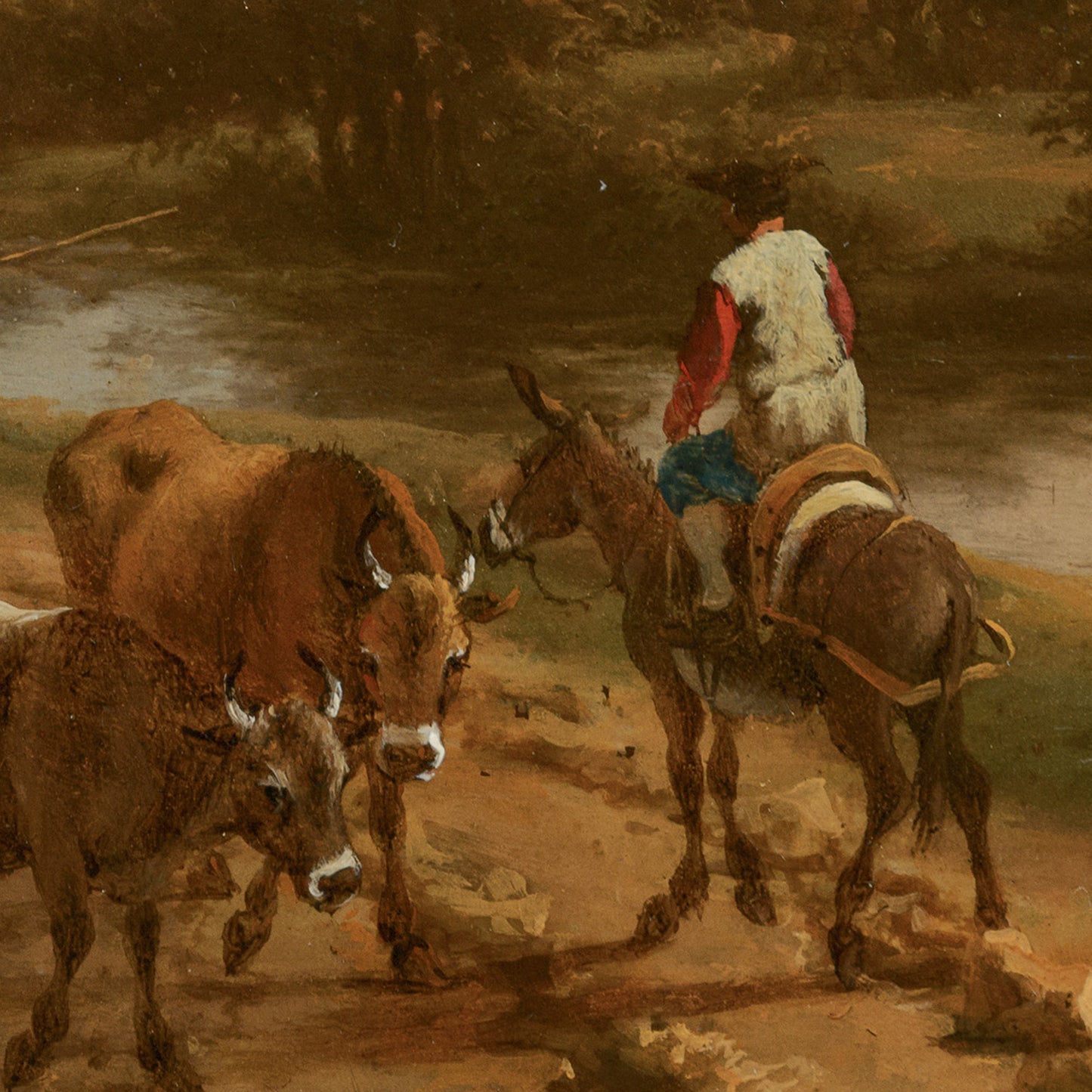 Italian river landscape artwork detail — wooded area with travelers resting in the shade of ancient trees in vintage oil painting style