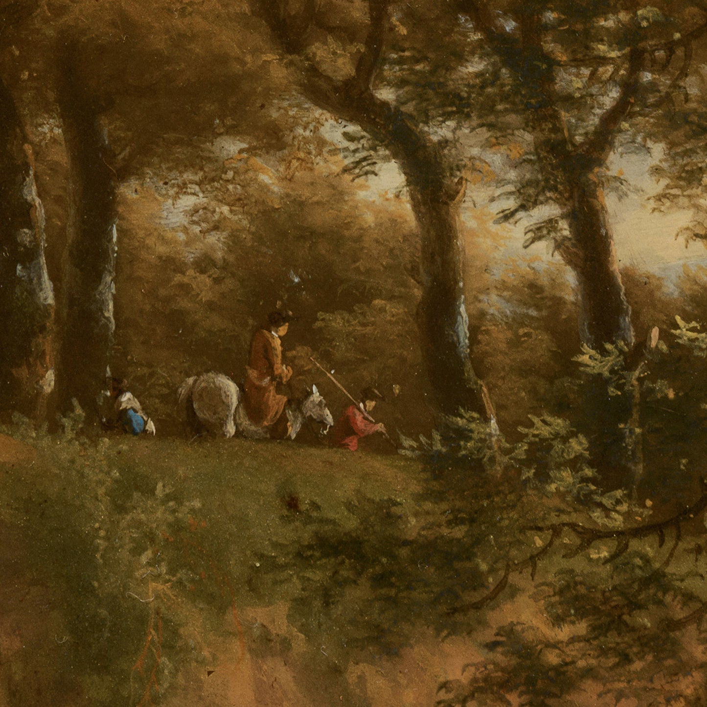 Italian river landscape artwork detail — figure riding a donkey and herding cattle near a riverbank in rustic 17th-century narrative