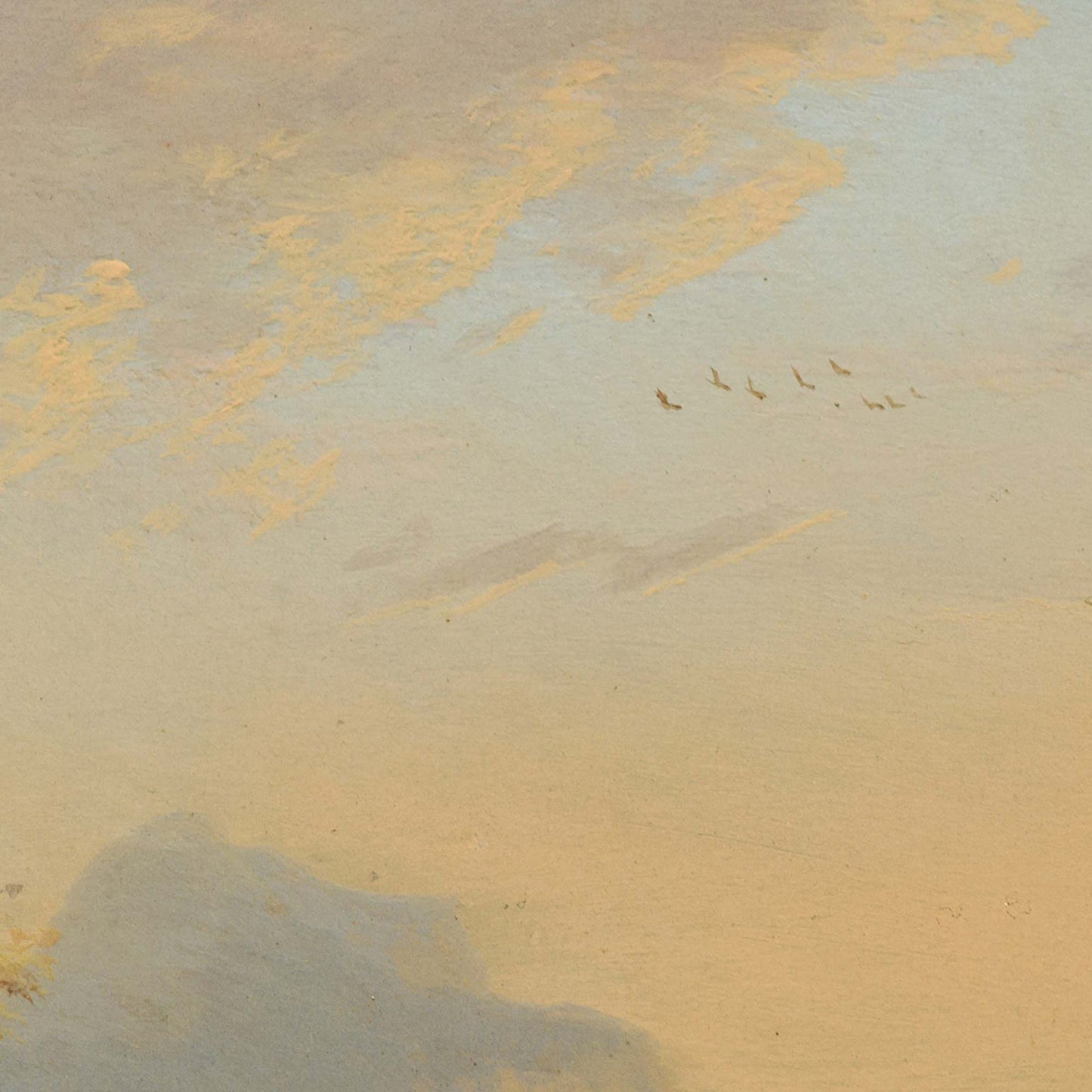 Italian river landscape artwork detail — soft sky with textured clouds and a flock of birds flying over a golden horizon