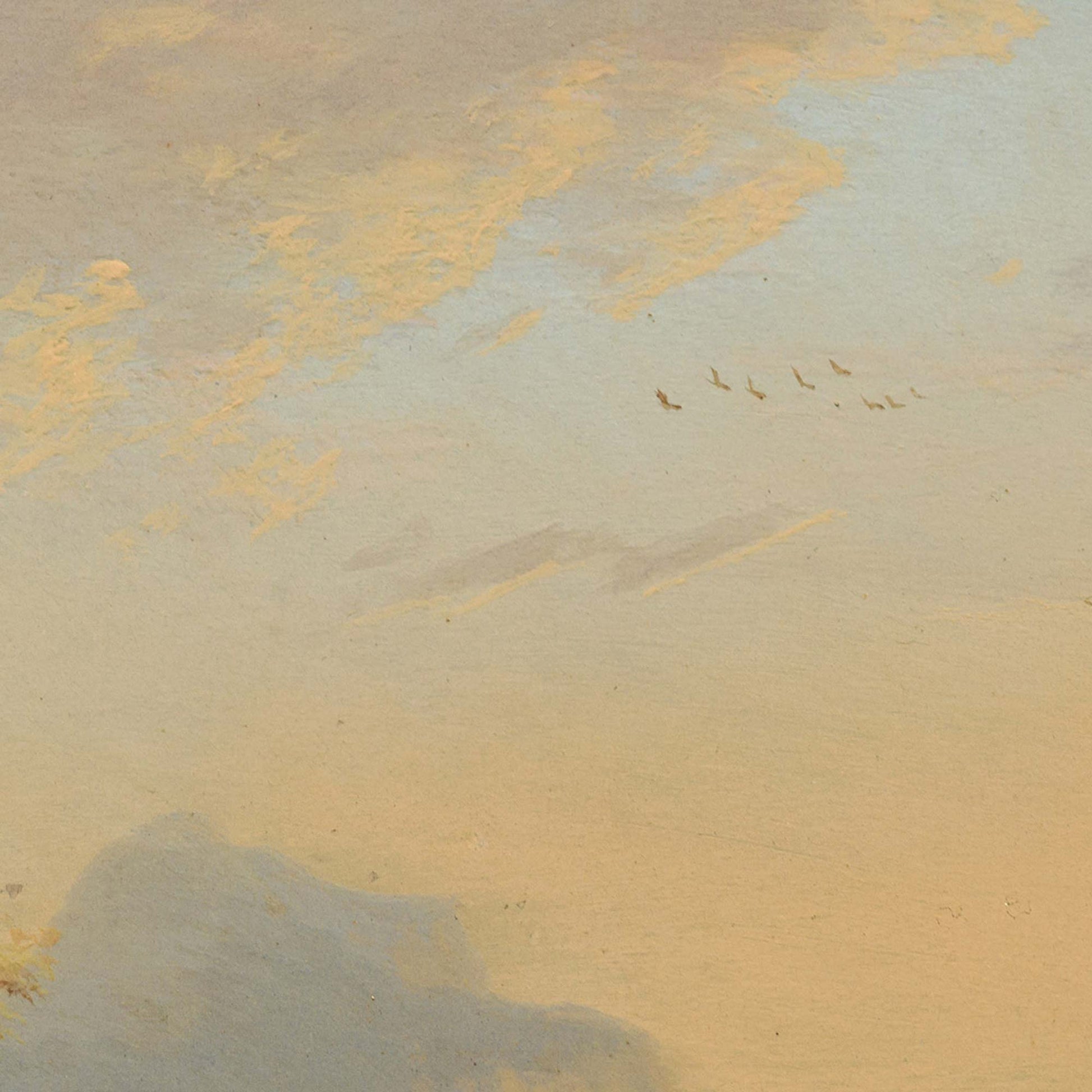 Italian river landscape artwork detail — soft sky with textured clouds and a flock of birds flying over a golden horizon