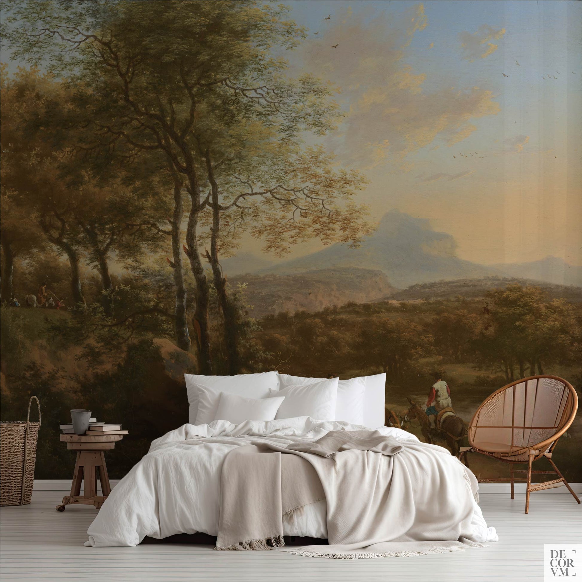 Italian river landscape wallpaper mural in a bright bedroom — vintage scene with distant mountain peak and rustic figures behind a white bed by Decorvm