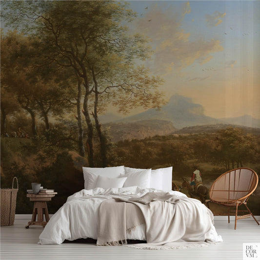 Italian river landscape wallpaper mural in a bright bedroom — vintage scene with distant mountain peak and rustic figures behind a white bed by Decorvm