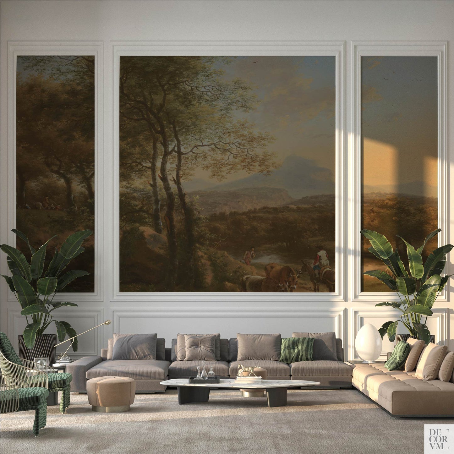 Italian river landscape wallpaper mural in a luxurious living room — framed within classic white wall moulding as a grand triptych feature wall