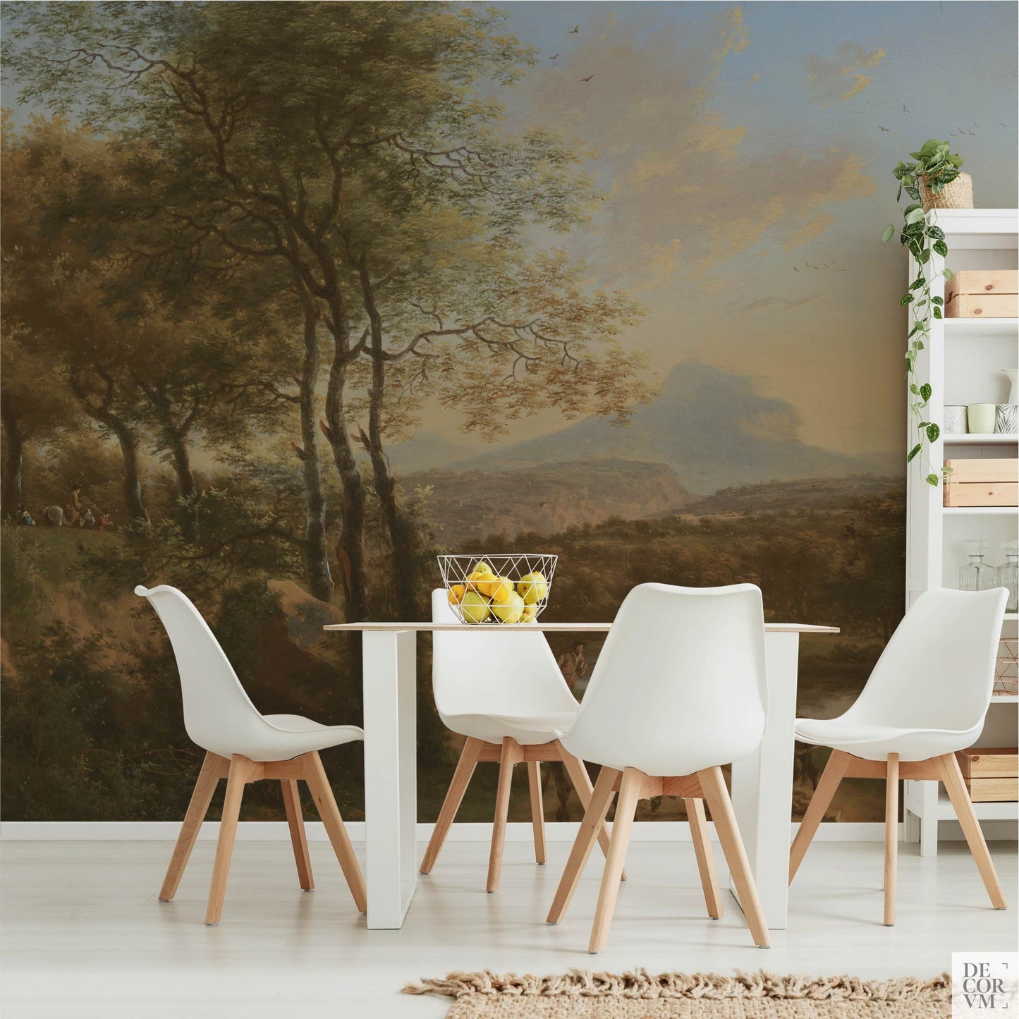 Italian river landscape wallpaper mural in a modern dining space — vintage scenic backdrop with white modern chairs and fresh fruit styling