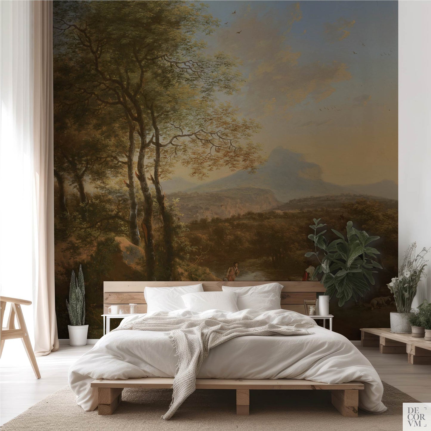 Italian river landscape wallpaper mural in a cozy bedroom — serene historic mood with warm earth tones behind a natural wood platform bed