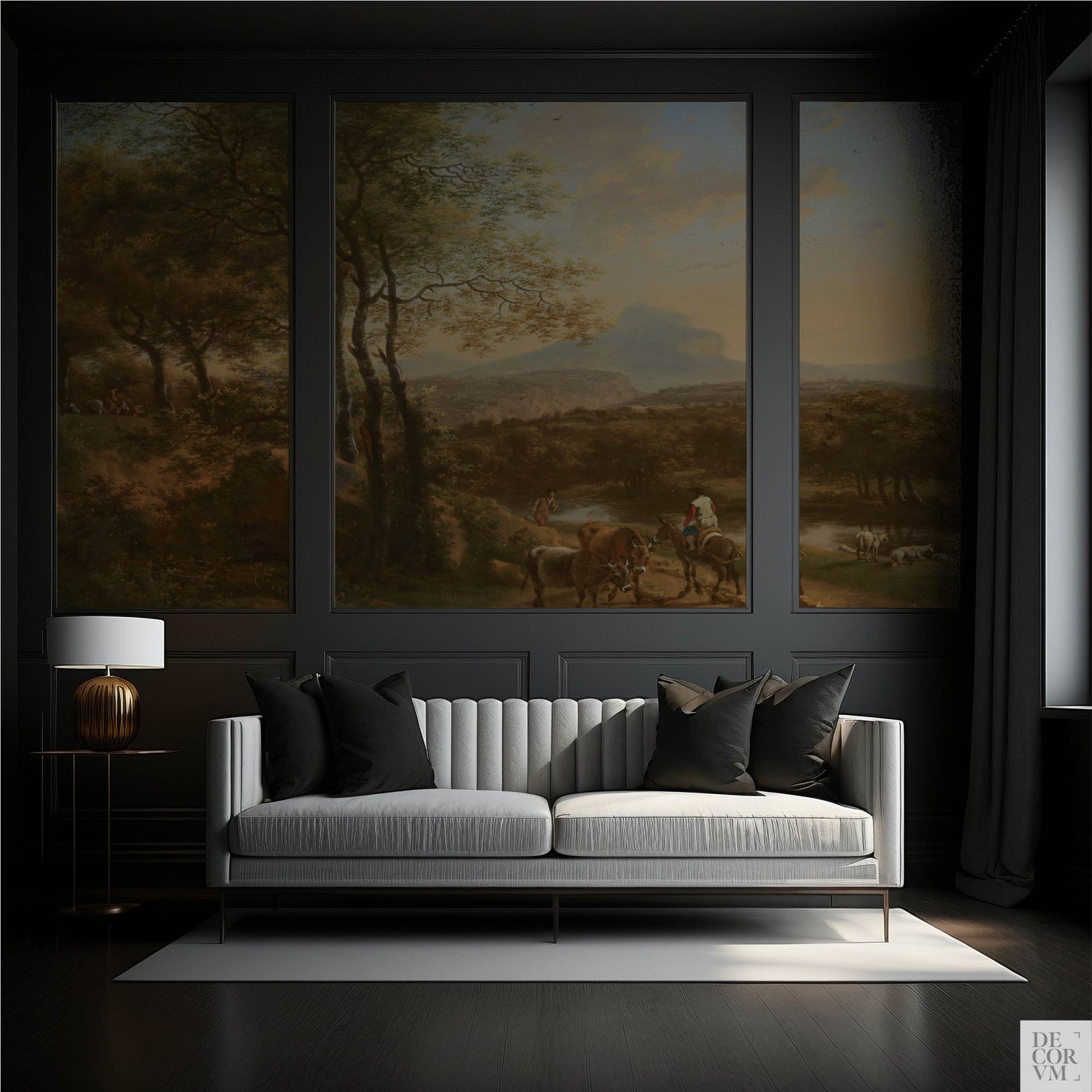 Italian river landscape wallpaper mural in an elegant dark living room — three framed art panels on charcoal walls for dramatic depth
