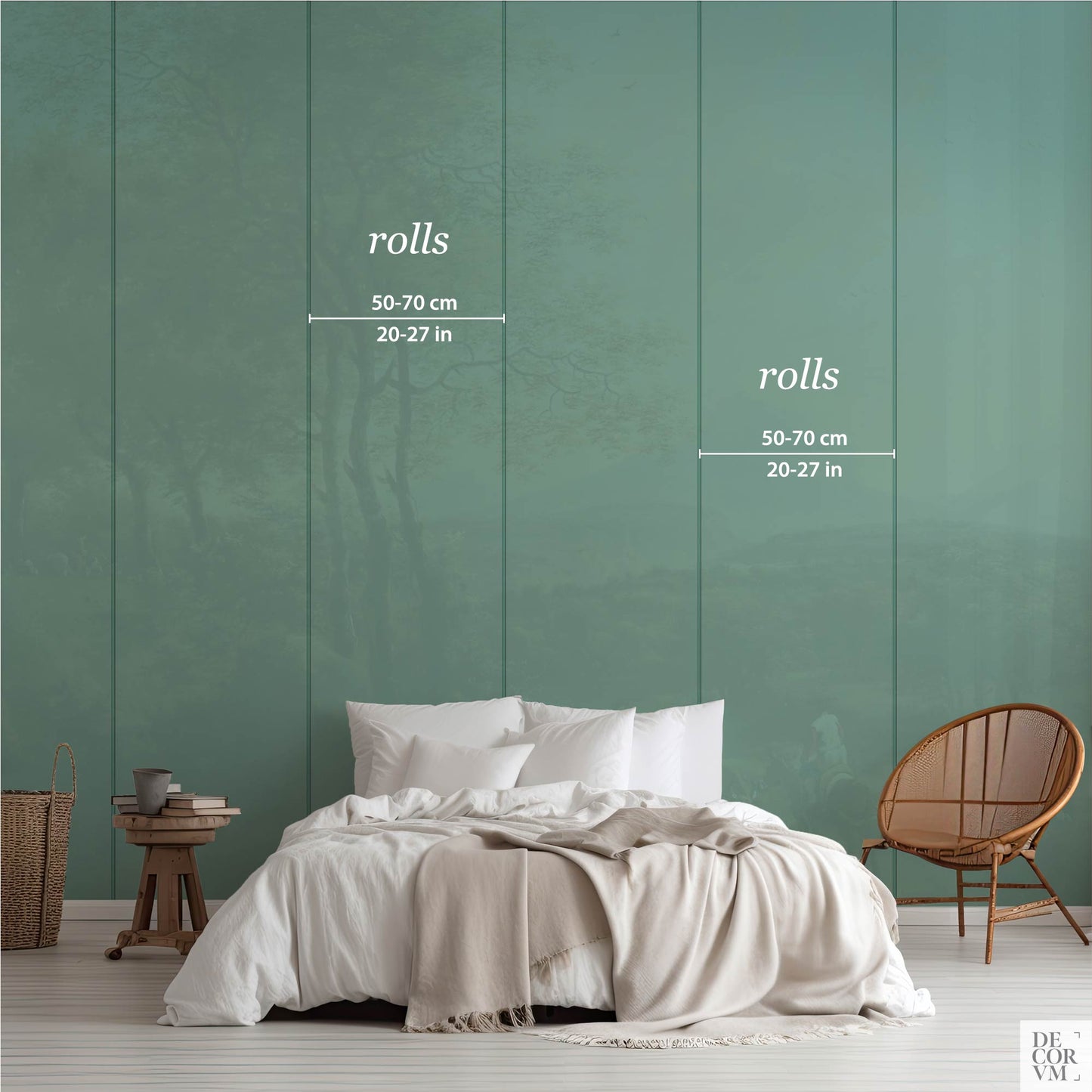 Italian river landscape wallpaper mural sizing chart — roll widths 50–70 cm (20–27 in) on a green wall for installation reference