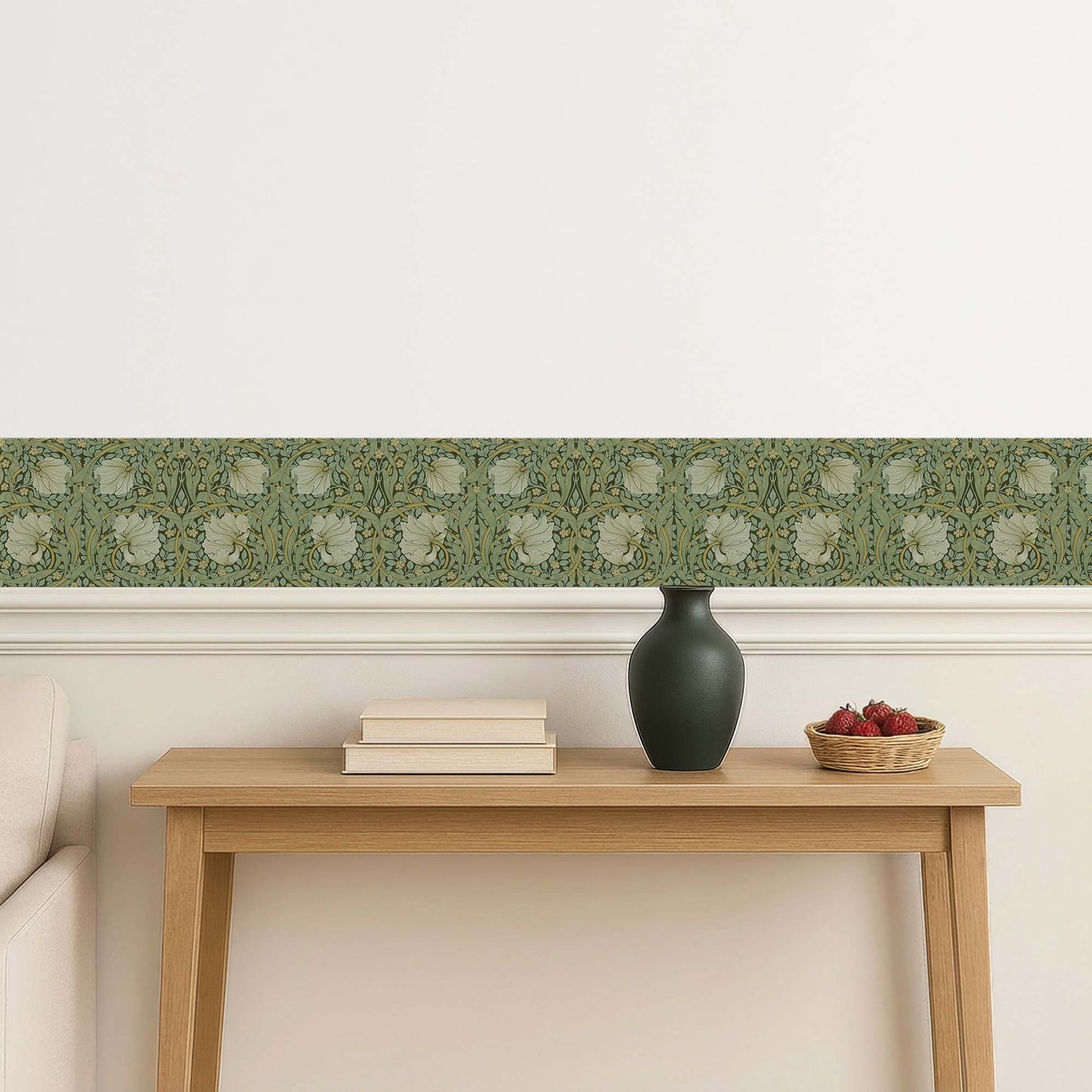 William Morris Pimpernel peel and stick wall border in sage — chair rail height installation in a traditional living room with 1876 botanical pattern