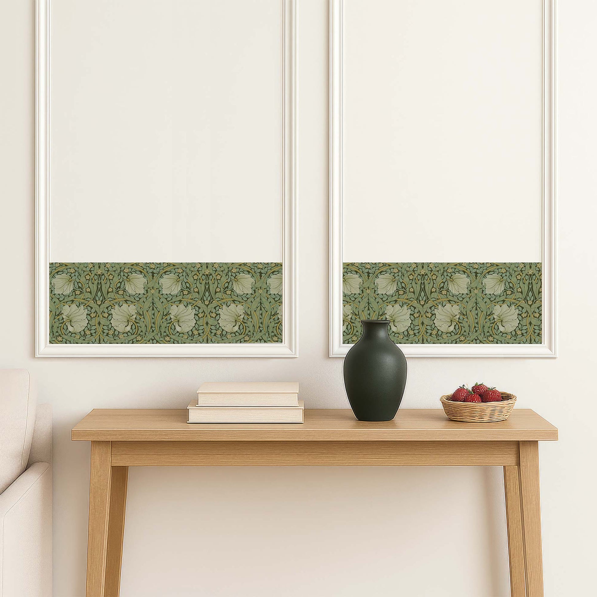 William Morris Pimpernel peel and stick wall border in sage — installed inside white wall moulding panels for a custom wainscoting effect