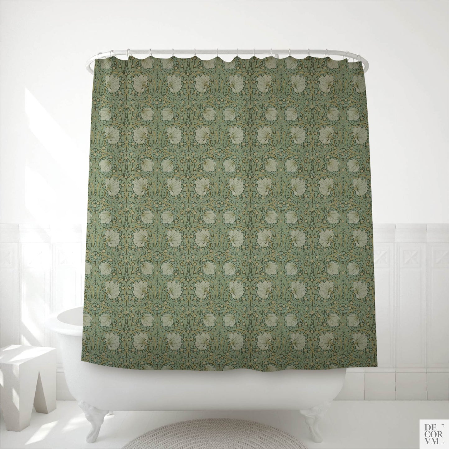 William Morris Pimpernel shower curtain over a white clawfoot tub — 1876 sage green Arts & Crafts floral pattern with cream pimpernel blooms by Decorvm.