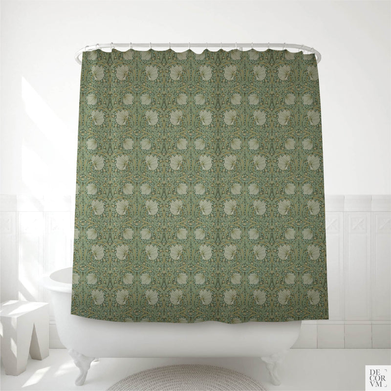 William Morris Pimpernel shower curtain over a white clawfoot tub — 1876 sage green Arts & Crafts floral pattern with cream pimpernel blooms by Decorvm.