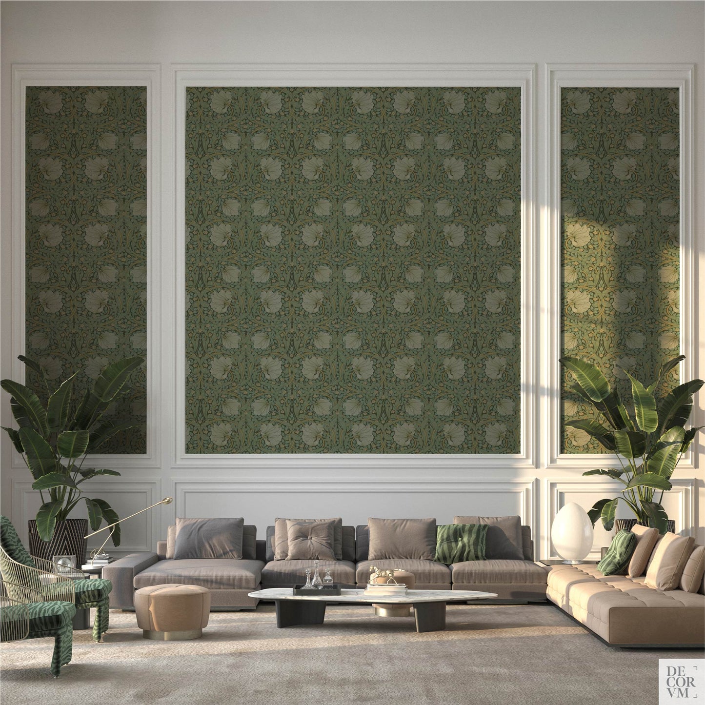 Formal living room featuring the William Morris Pimpernel Wallpaper Mural — Sage Arts & Crafts Decor framed within white wall molding panels, positioned behind a sectional sofa and two large tropical plants.