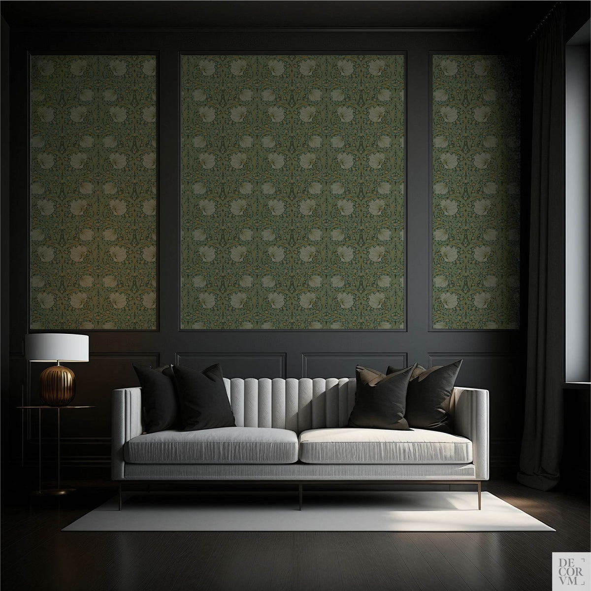Dark paneled living room featuring the William Morris Pimpernel Wallpaper Mural — Sage Arts & Crafts Decor as a backdrop for a light grey sofa with black pillows and a brass table lamp.