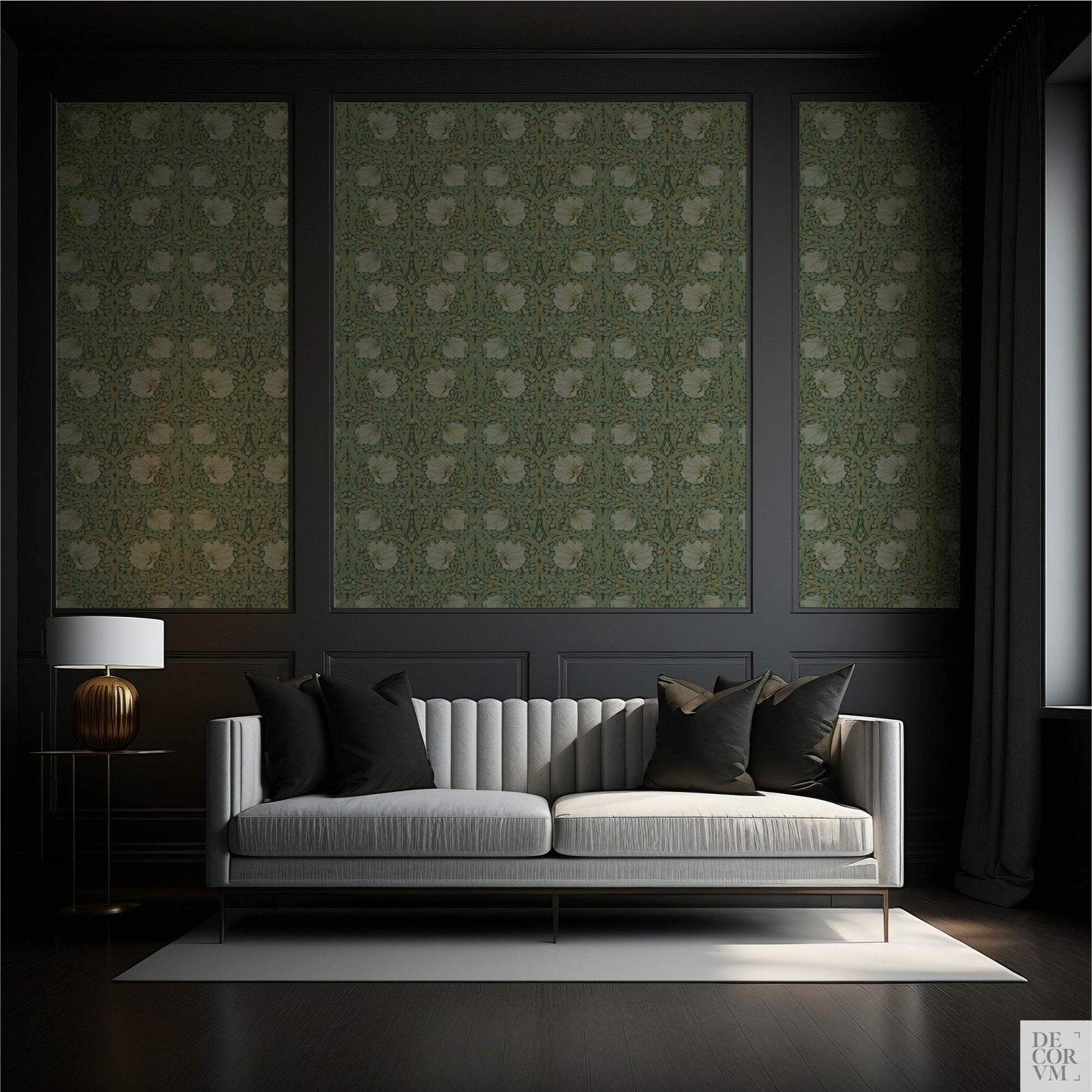 Dark paneled living room featuring the William Morris Pimpernel Wallpaper Mural — Sage Arts & Crafts Decor as a backdrop for a light grey sofa with black pillows and a brass table lamp.