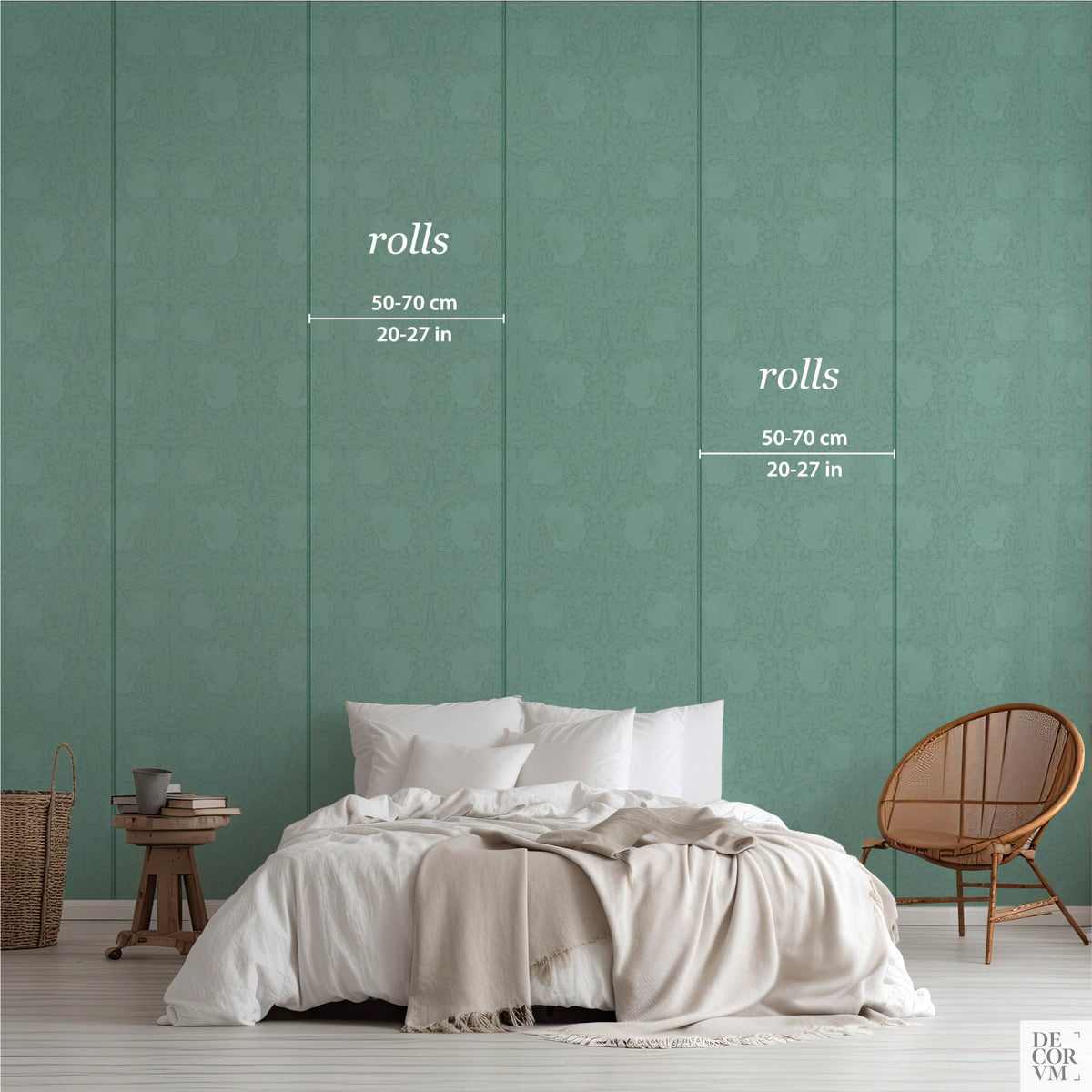 Diagram showing roll width dimensions of 50-70 cm (20-27 in) over a solid green wall in a bedroom setting, illustrating the panel sizes for the William Morris Pimpernel Wallpaper Mural — Sage Arts & Crafts Decor.