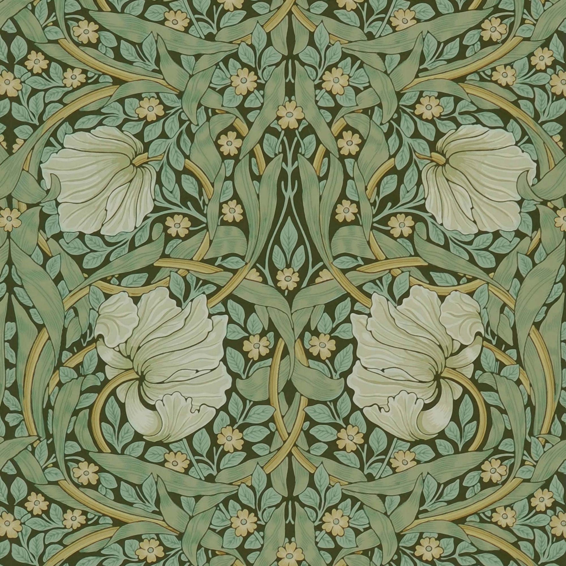 Sage Pimpernel pattern detail — intricate William Morris floral motif with pale flowers and swirling green leaves from the 1876 design