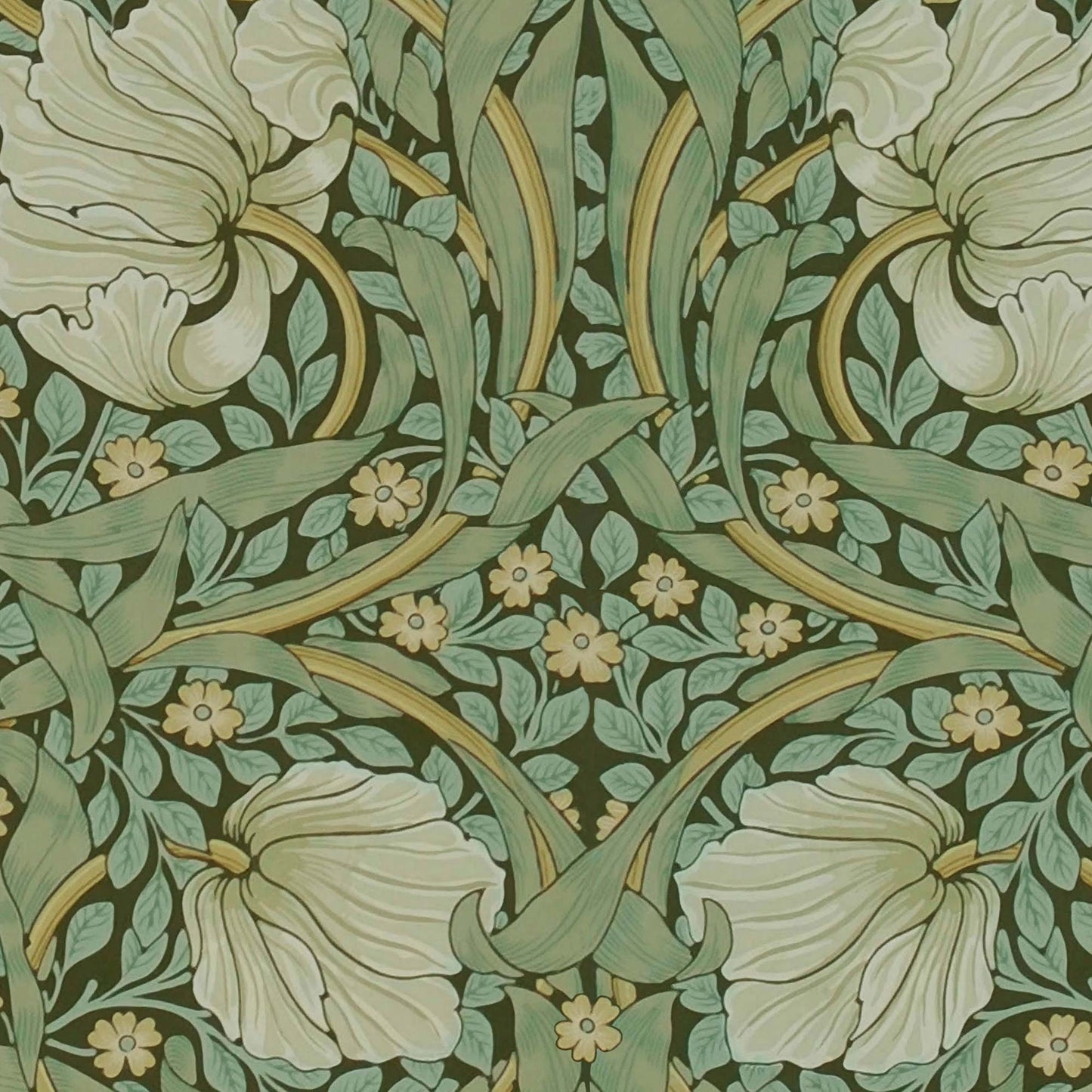 Sage Pimpernel pattern detail — macro texture of the 1876 Arts and Crafts foliage with symmetrical leaves and delicate yellow accent flowers