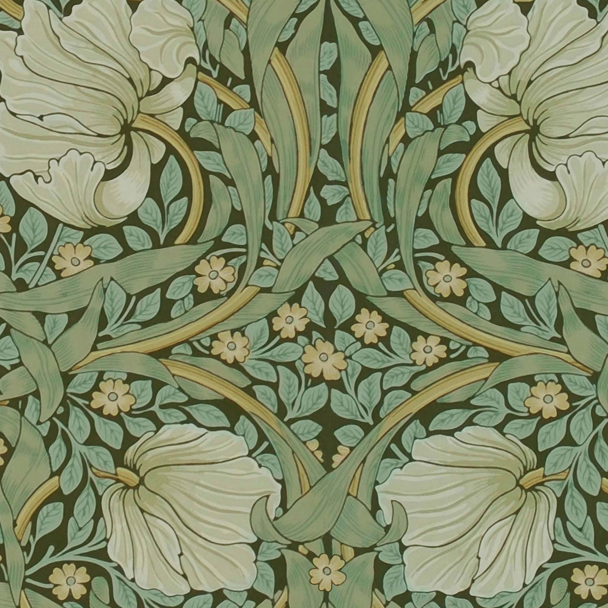 Sage Pimpernel pattern detail — macro texture of the 1876 Arts and Crafts foliage with symmetrical leaves and delicate yellow accent flowers