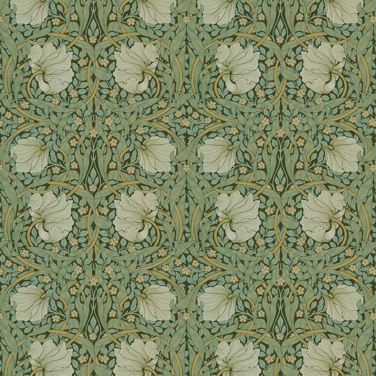 High-resolution view of the Pimpernel pattern repeat, displaying the classic Victorian design in soft sage green tones suitable for traditional decor.