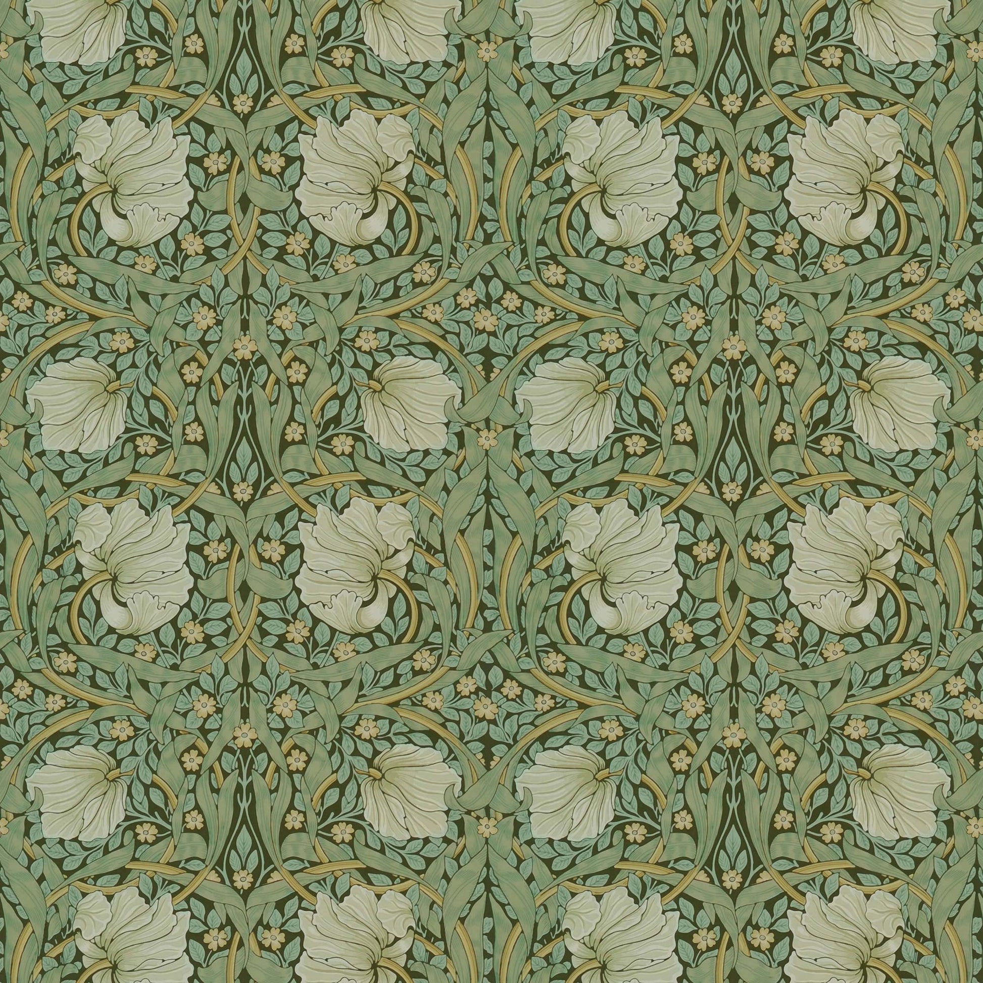 High-resolution view of the Pimpernel pattern repeat, displaying the classic Victorian design in soft sage green tones suitable for traditional decor.