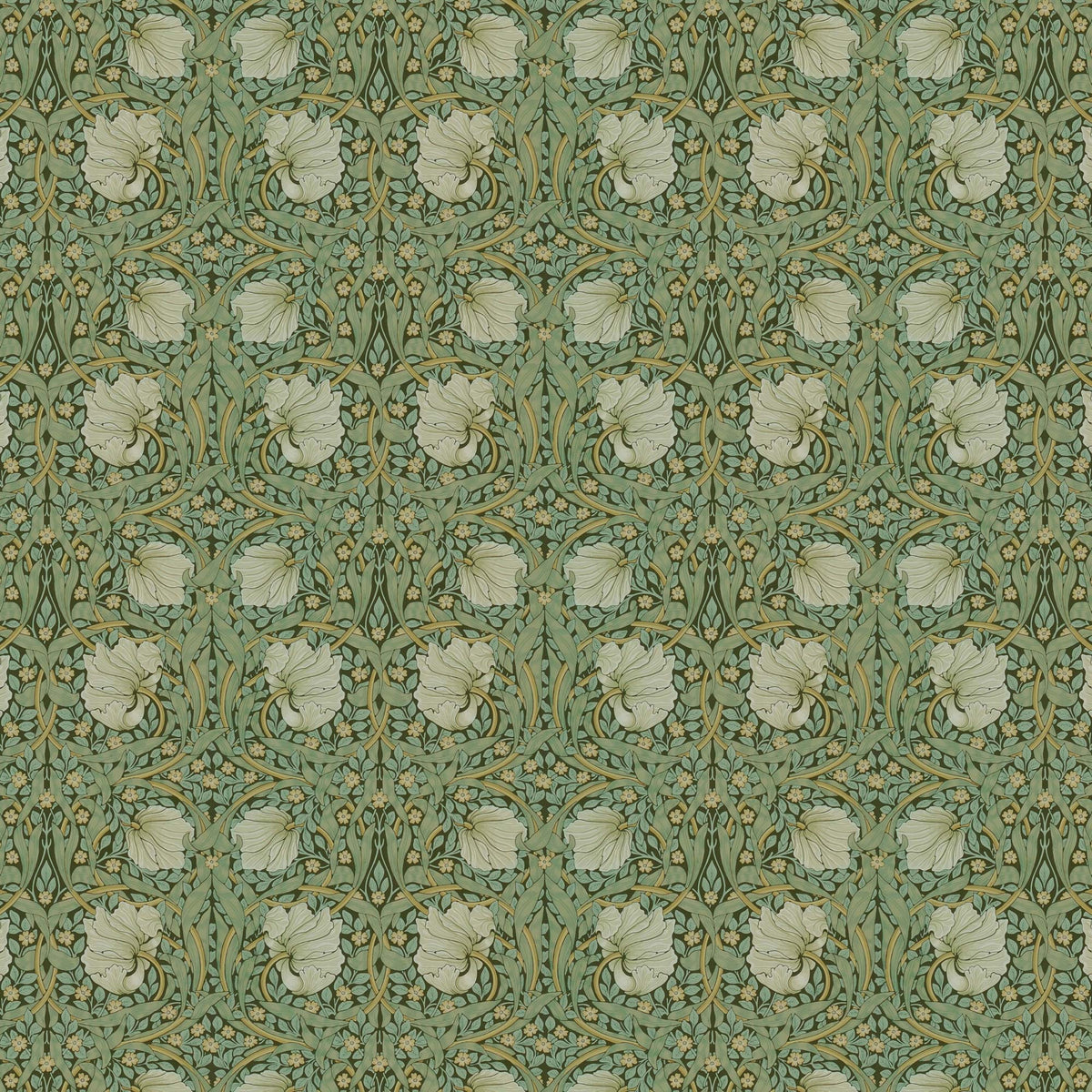 Dense repeat of pimpernel flowers, leaves, and small ochre blossoms showing the pattern's overall scale — pattern detail from the Pimpernel design.