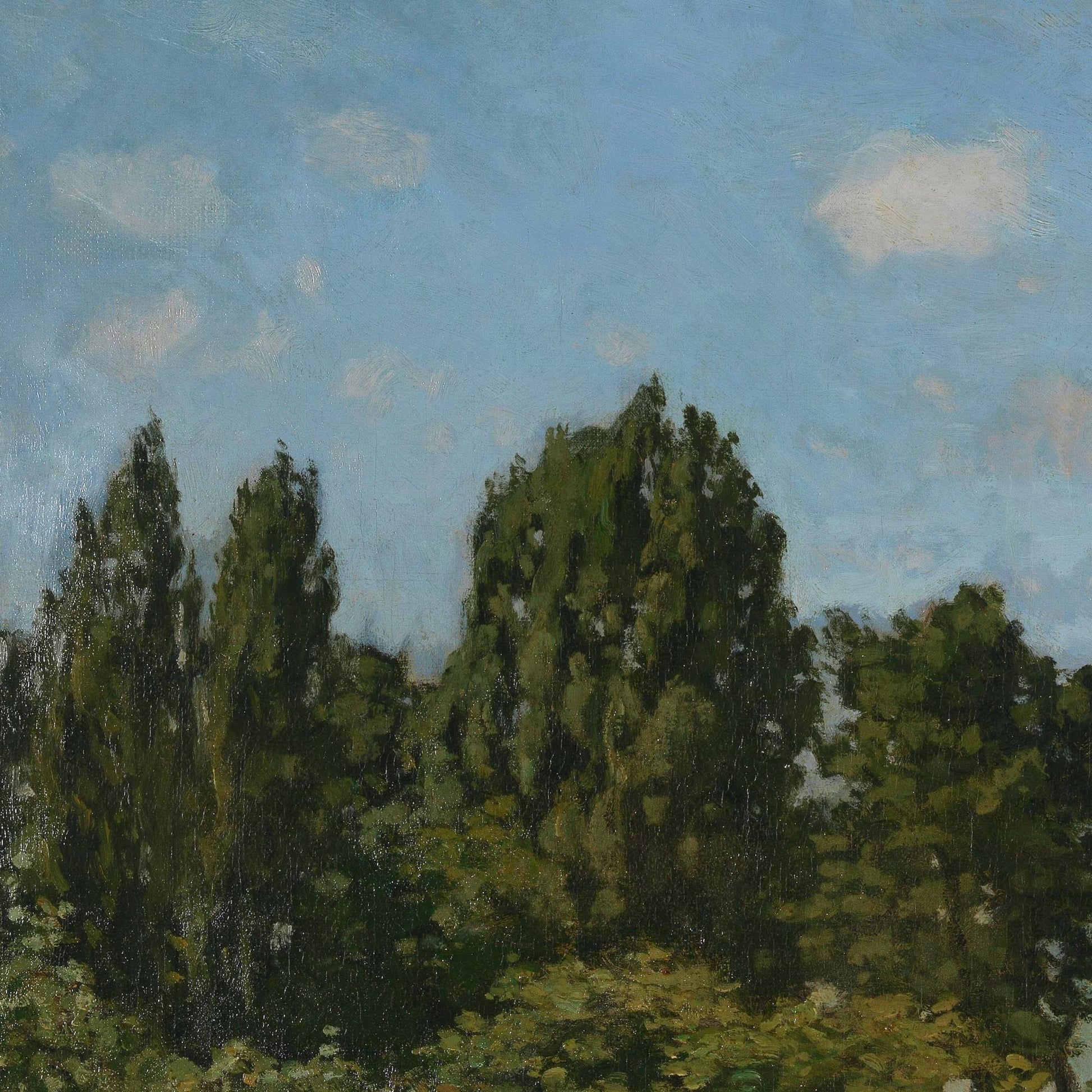 Monet coastal landscape artwork detail — tall slender impressionist trees with deep green foliage against soft blue sky and scattered clouds