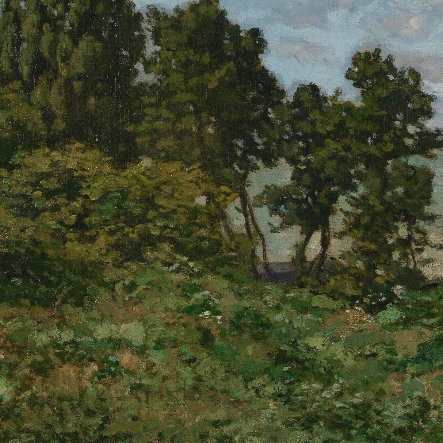 Monet coastal landscape artwork detail — cliffs covered in green impressionist trees with a glimpse of turquoise sea under a cloudy sky
