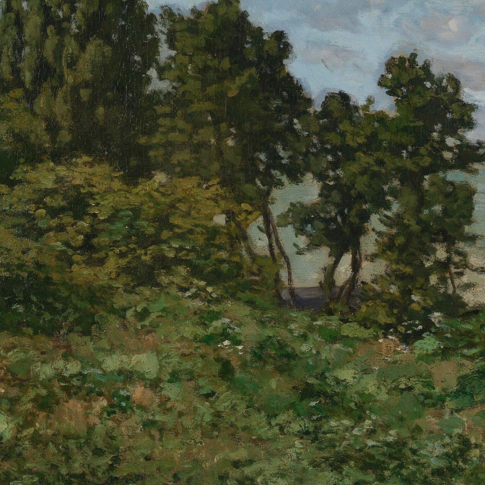 Monet coastal landscape artwork detail — cliffs covered in green impressionist trees with a glimpse of turquoise sea under a cloudy sky