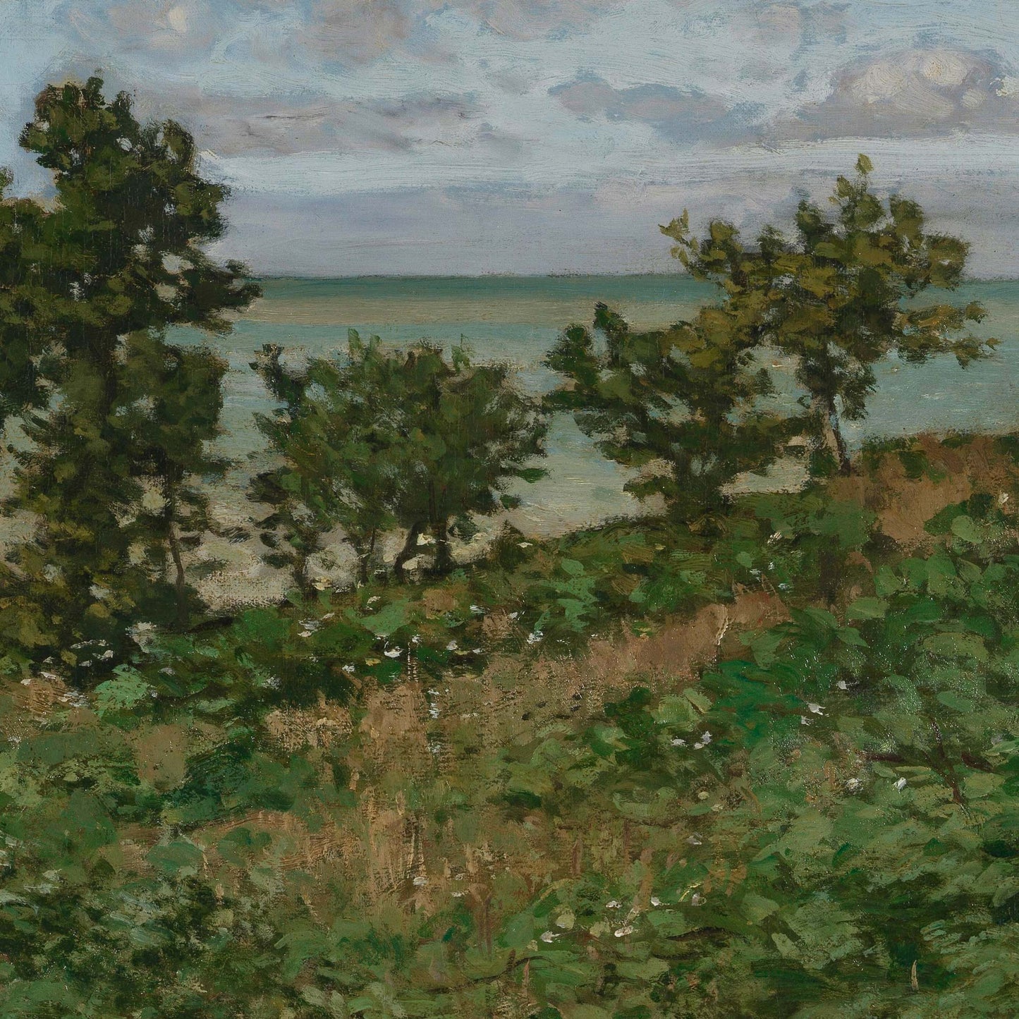 Monet coastal landscape artwork detail — varied green and brown bushes along a rugged cliff edge above a calm turquoise sea under hazy sky