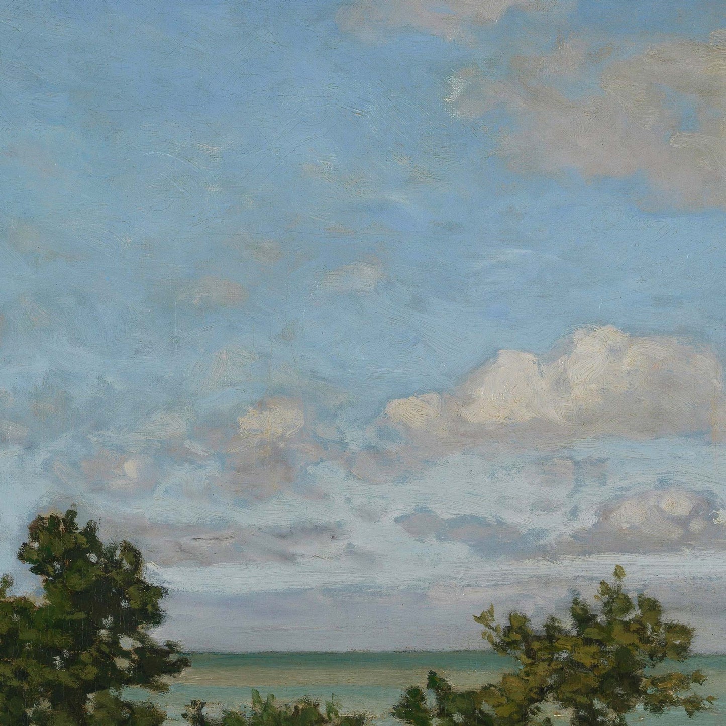 Monet coastal landscape artwork detail — soft blue impressionist sky with white and grey clouds framed by treetops and a distant sea