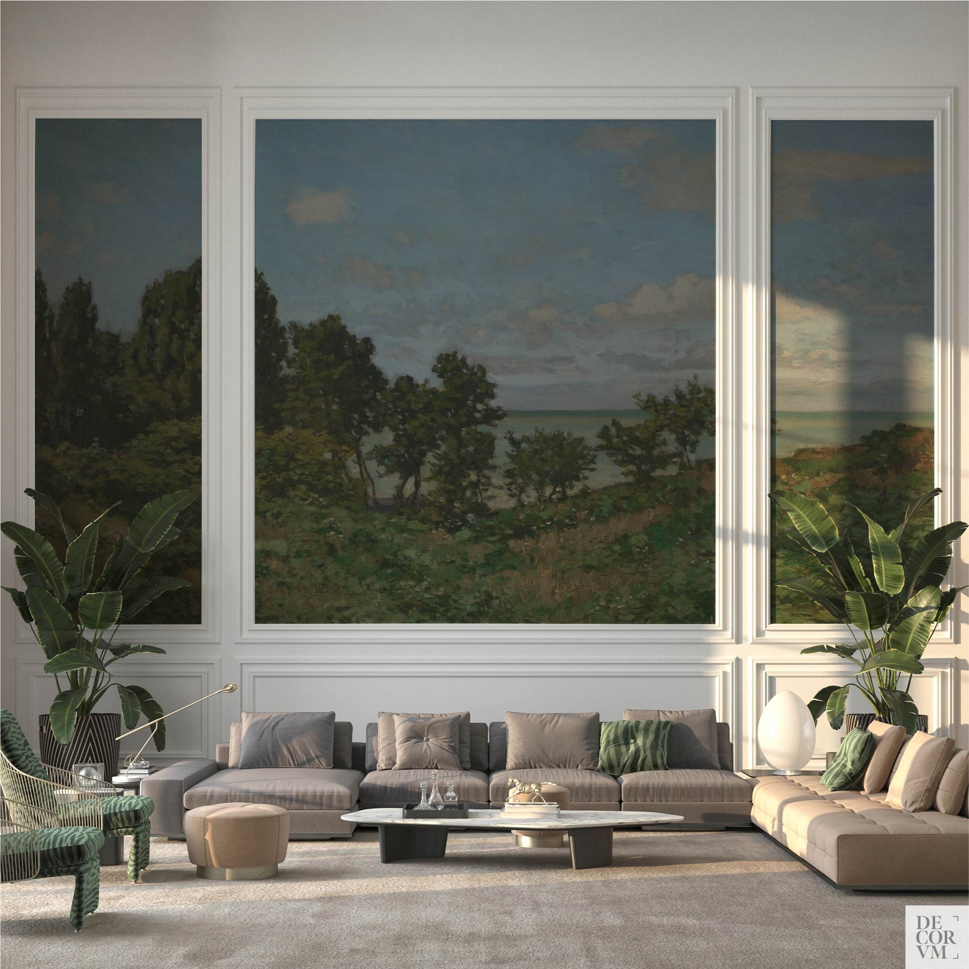 Monet coastal landscape wallpaper mural in a sophisticated living room — framed within classic wall paneling with modern seating and plants