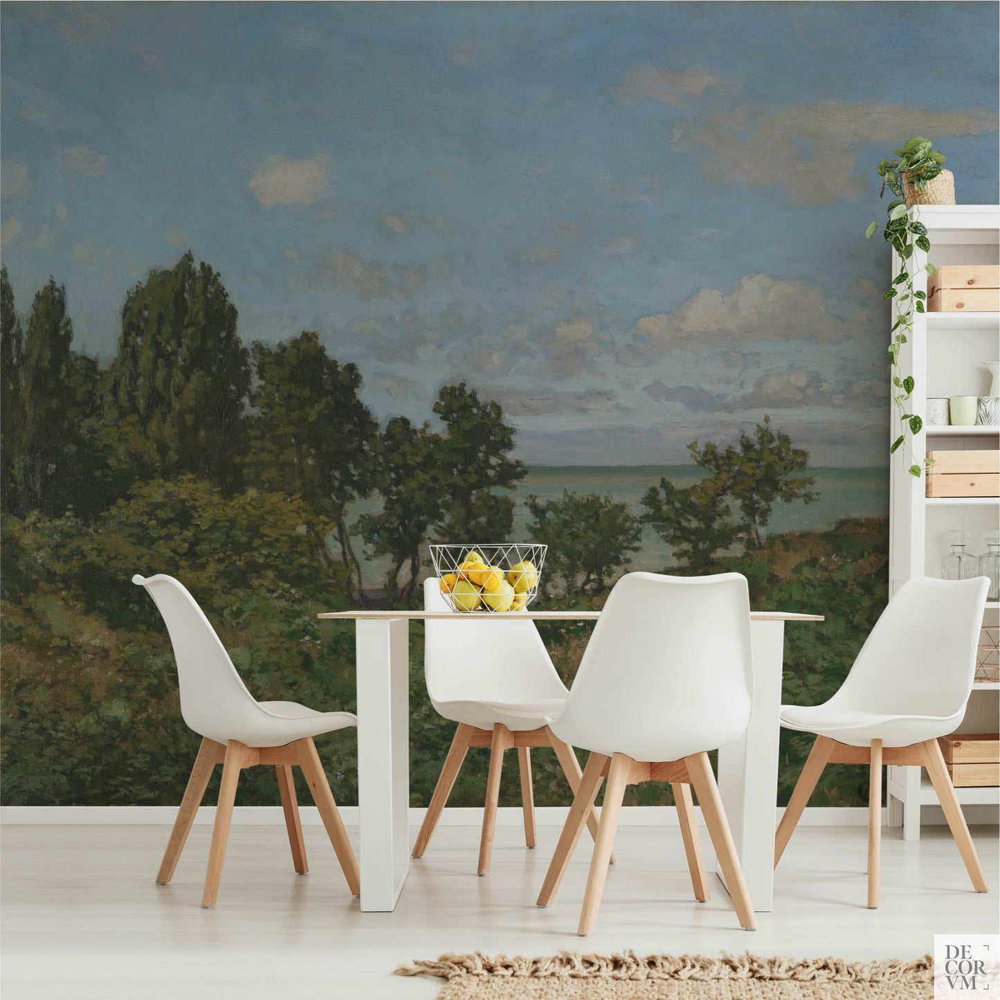 Monet coastal landscape wallpaper mural in a bright dining area — French countryside backdrop with white modern table and chairs