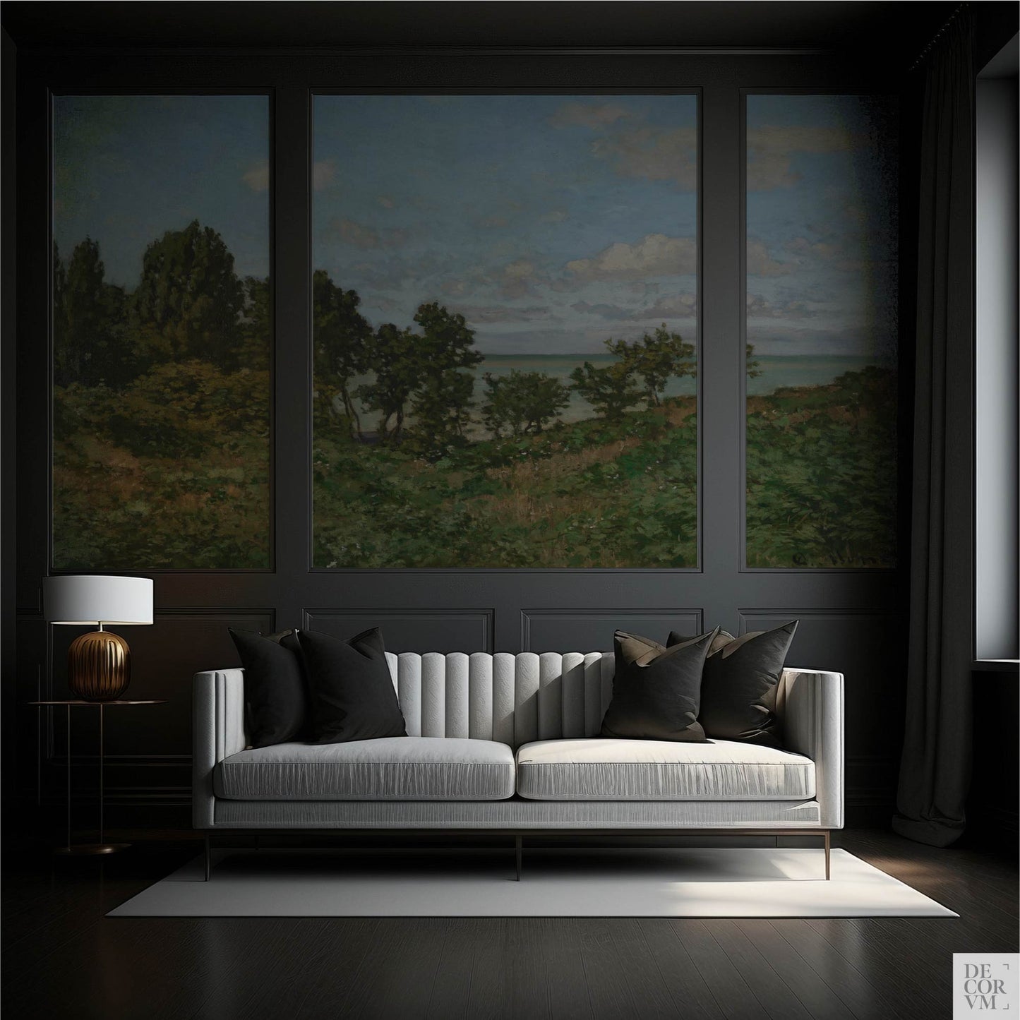 Monet coastal landscape wallpaper mural in a moody dark living room — framed within architectural moulding behind a sleek white sofa