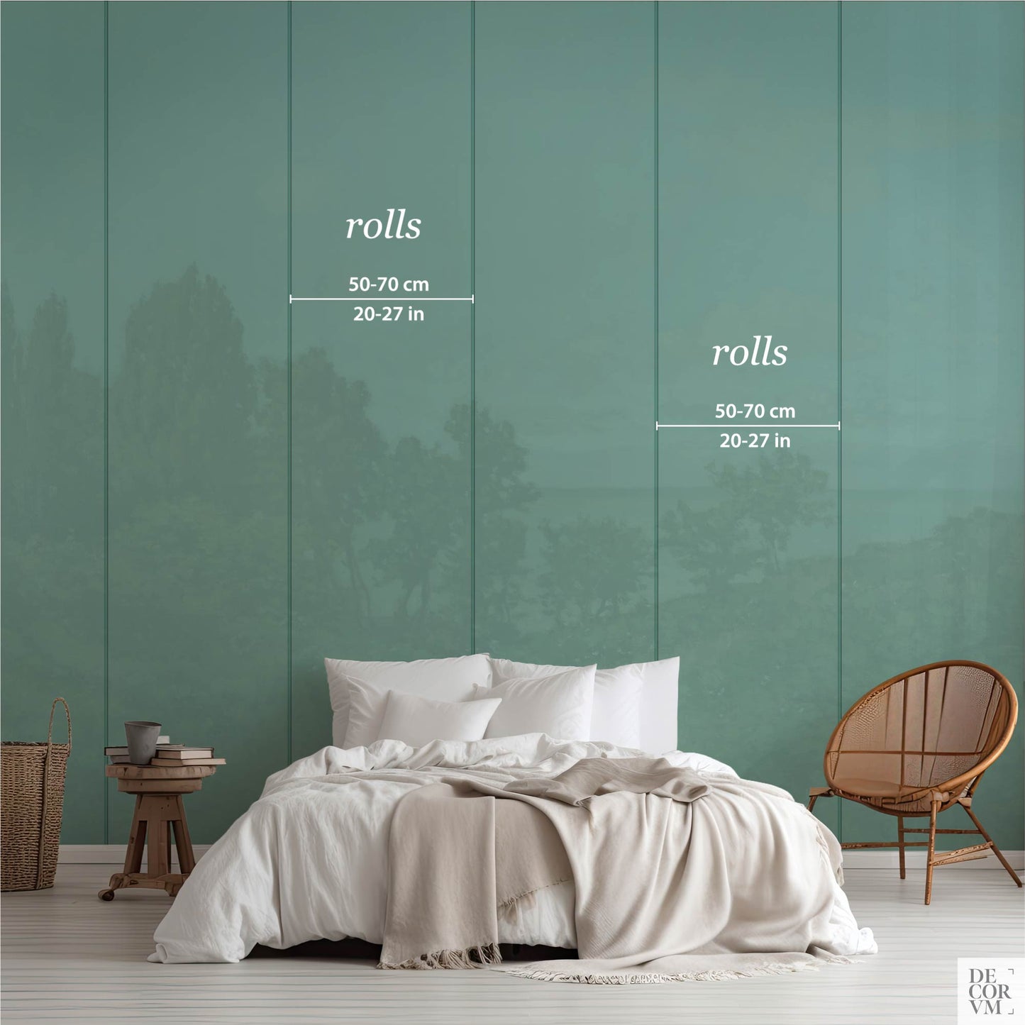 Monet coastal landscape wallpaper mural sizing chart — vertical roll layout with widths 50–70 cm (20–27 in) for installation reference