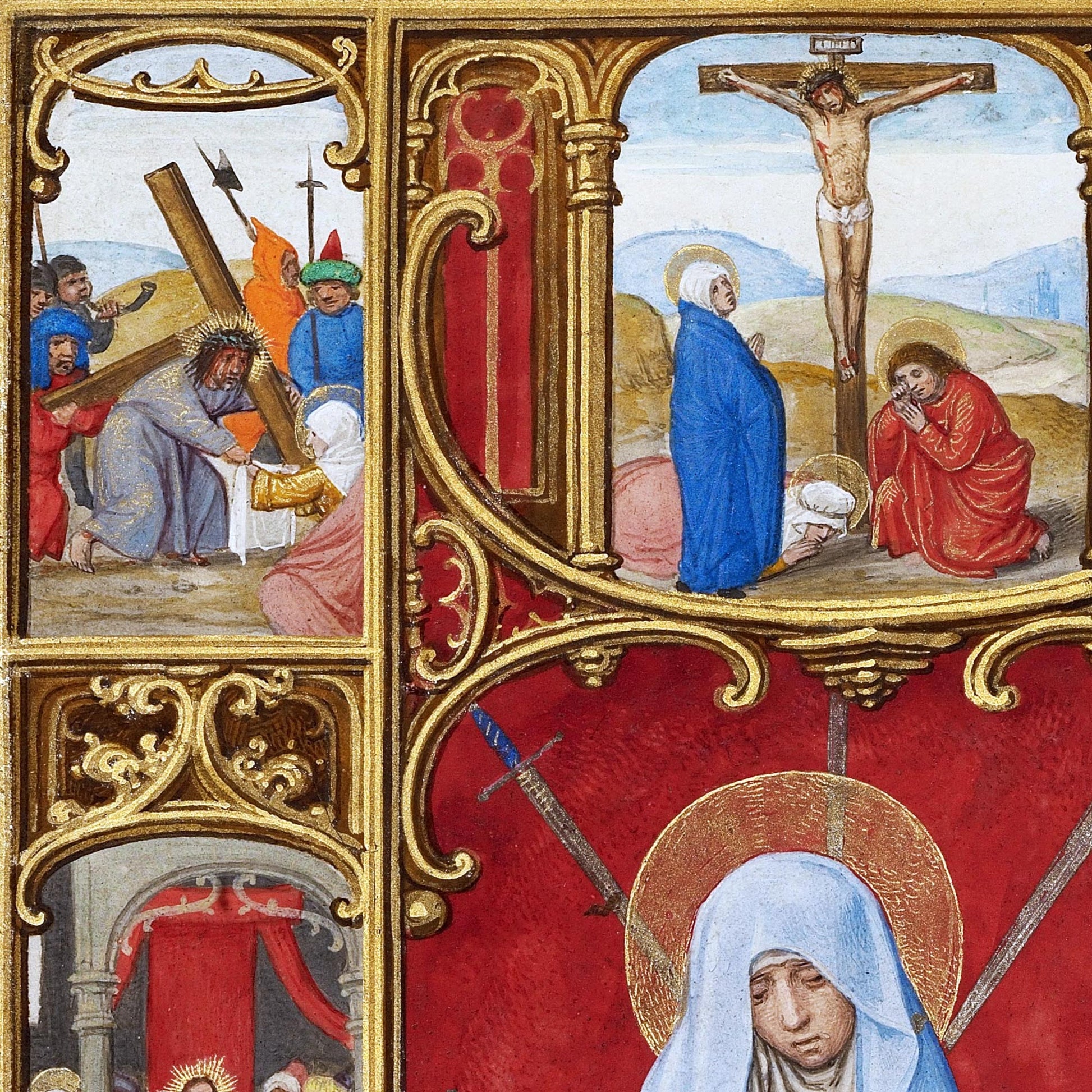 Close-up of Jesus carrying the cross and the Crucifixion — design detail from Simon Bening's Seven Sorrows of the Virgin Mary altarpiece.