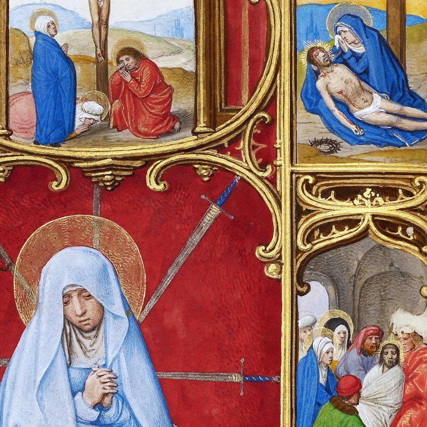 Close-up of the Crucifixion, the Lamentation of Christ, and the sorrowful Virgin Mary pierced by swords — design detail from Simon Bening's altarpiece.