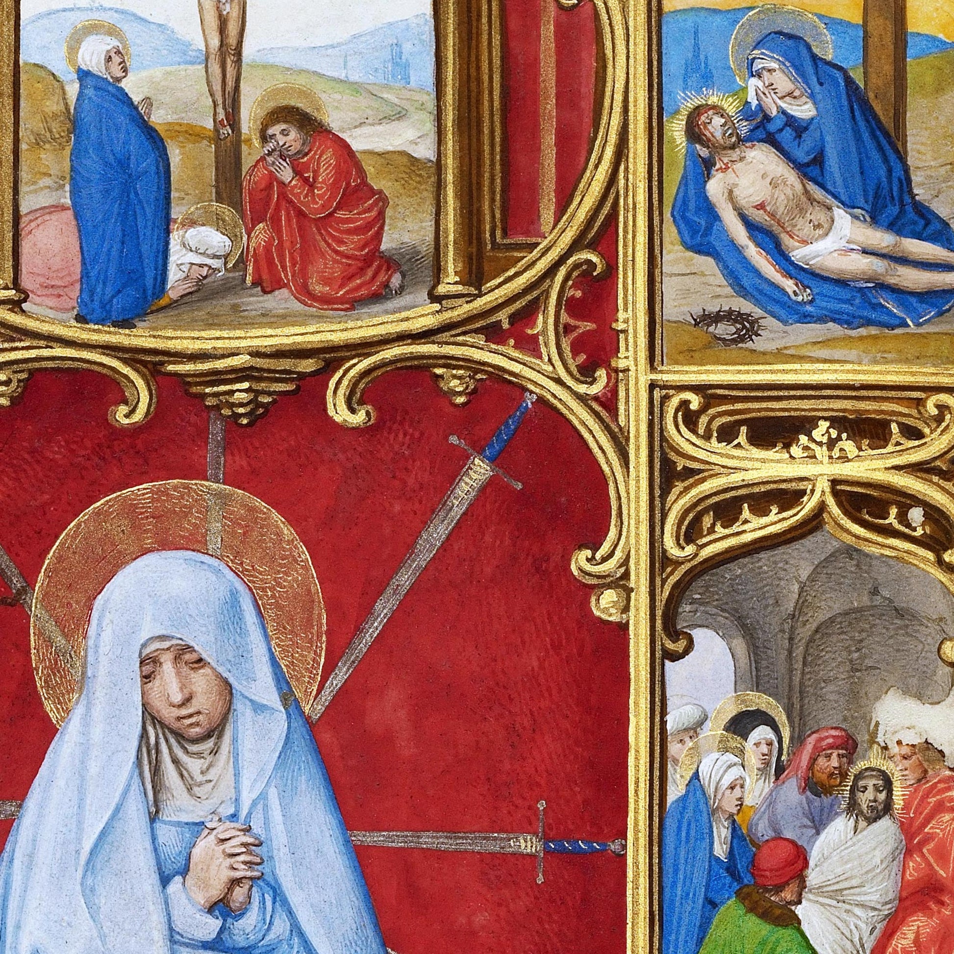 Close-up of the Crucifixion, the Lamentation of Christ, and the sorrowful Virgin Mary pierced by swords — design detail from Simon Bening's altarpiece.