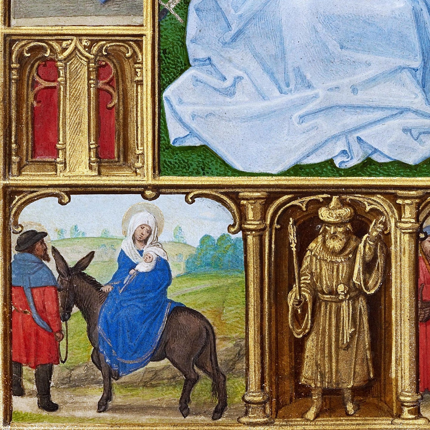 Detail of the Flight into Egypt with Mary on a donkey and the Dispute in the Temple — design detail from Simon Bening's Seven Sorrows altarpiece.