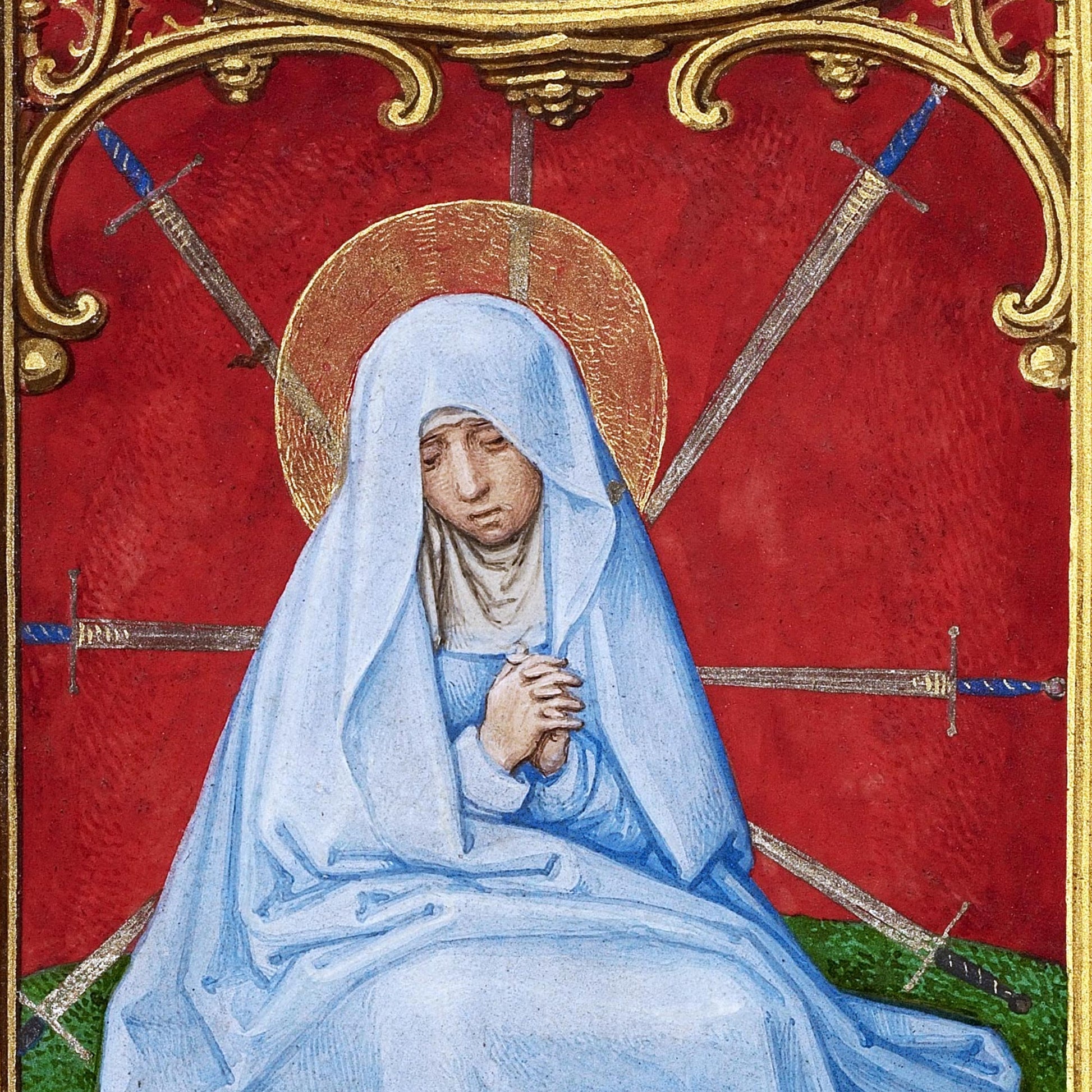 Central close-up of the Virgin Mary with her heart pierced by seven swords against a vivid red background and gold borders — design detail from the altarpiece.