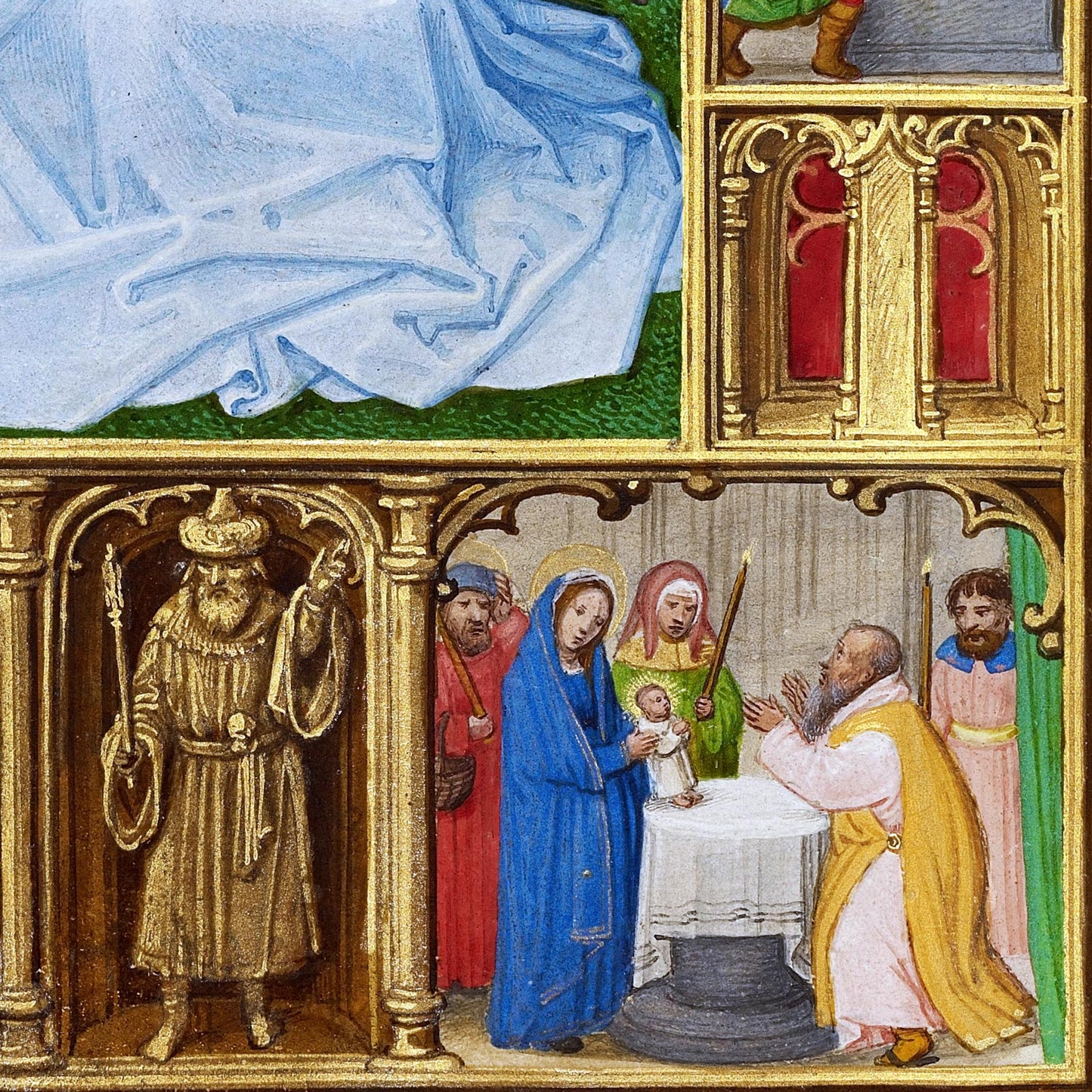 Detail of the Presentation of Jesus in the Temple with vibrant jewel-toned robes and golden architectural framing — design detail from the altarpiece.