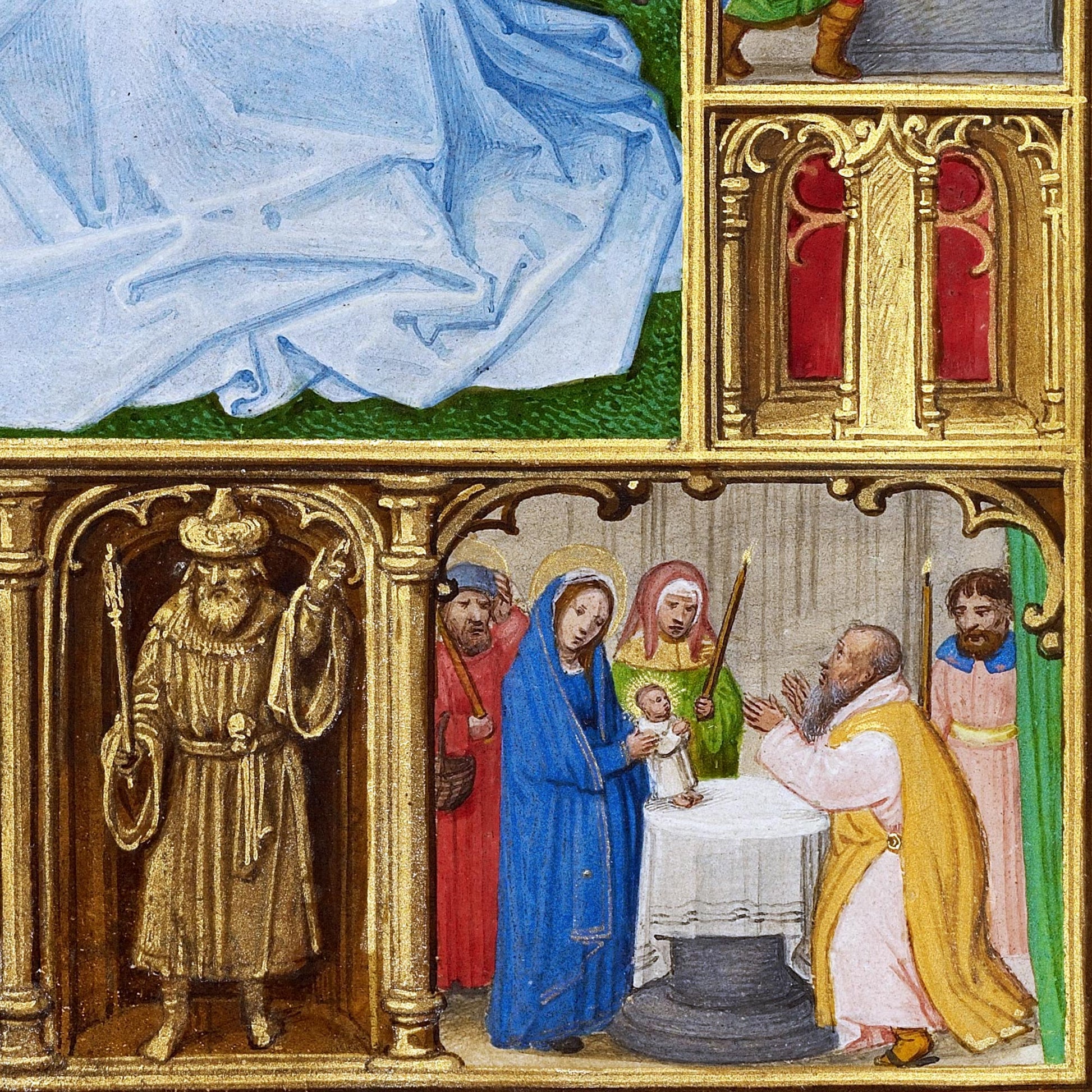 Detail of the Presentation of Jesus in the Temple with vibrant jewel-toned robes and golden architectural framing — design detail from the altarpiece.