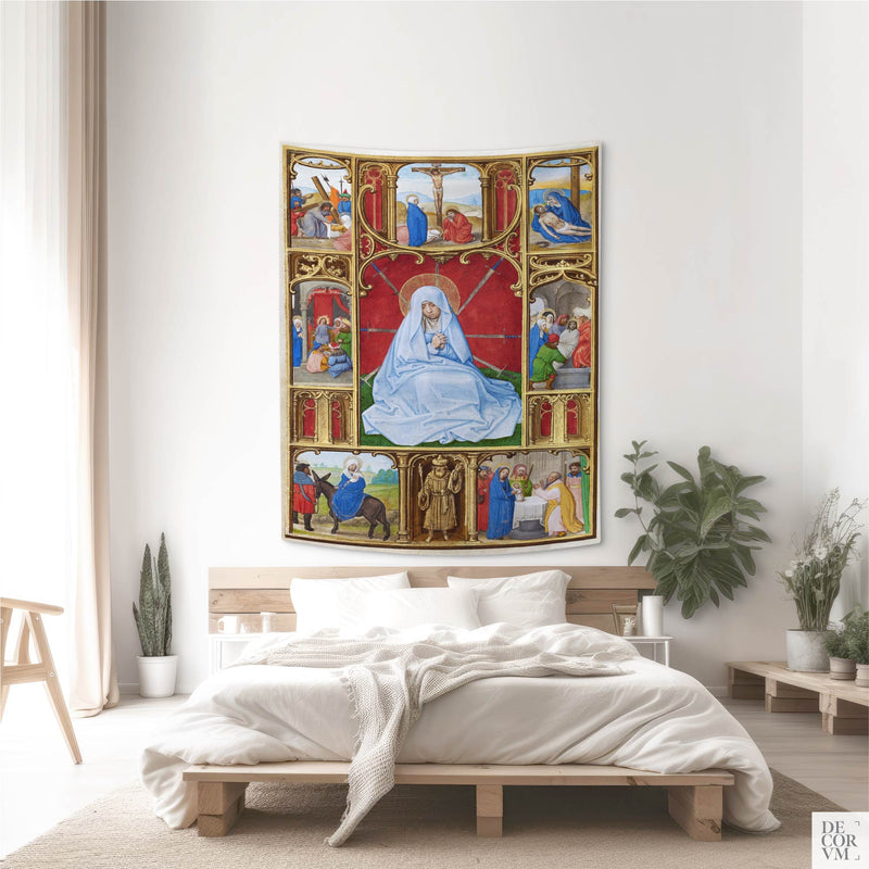Seven Sorrows of the Virgin Mary wall tapestry hung above a minimalist wooden bed in a bright modern bedroom — Simon Bening 16th-century Catholic altarpiece.