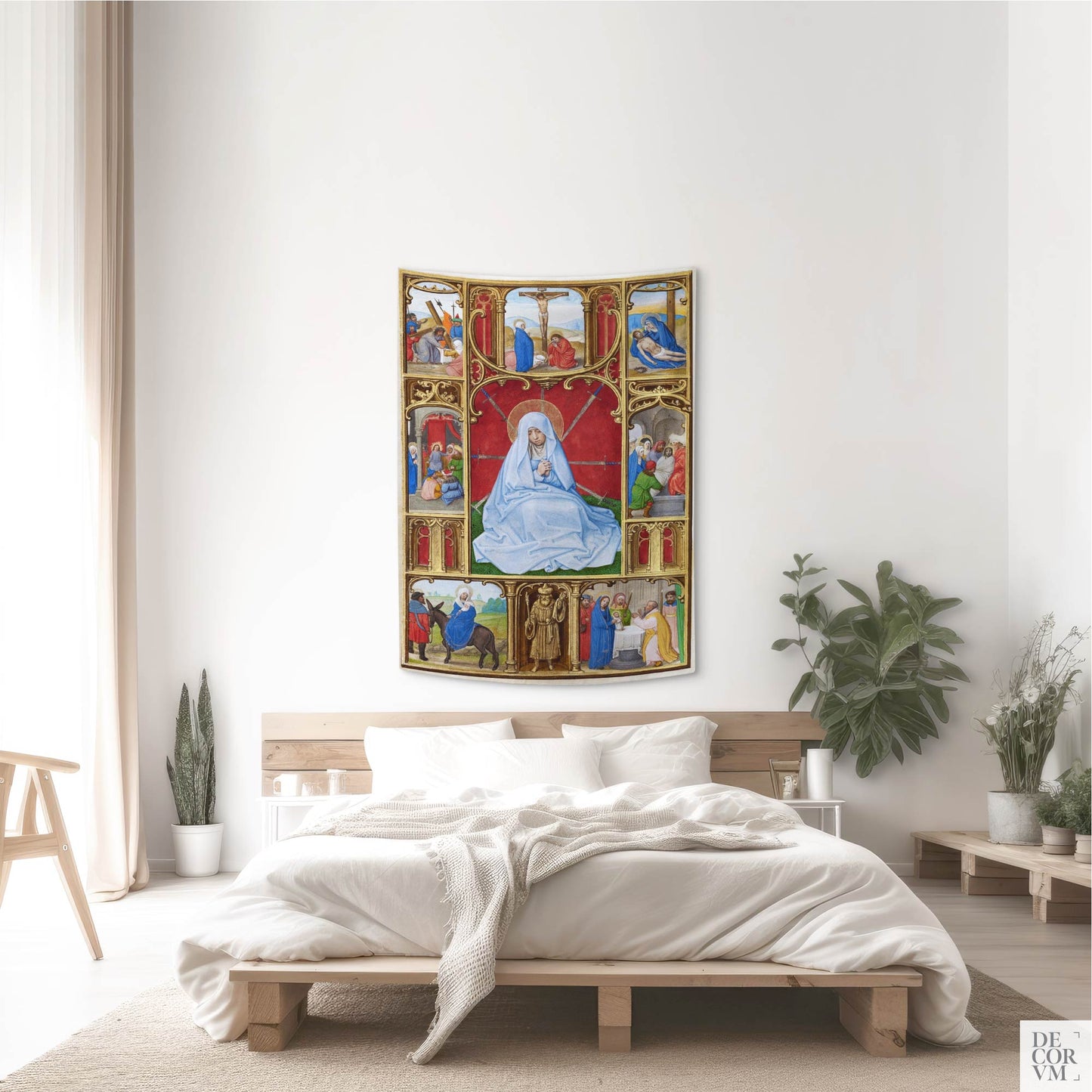 Small Seven Sorrows of the Virgin Mary wall tapestry styled as a focal point above a modern bed in a serene light-filled bedroom.
