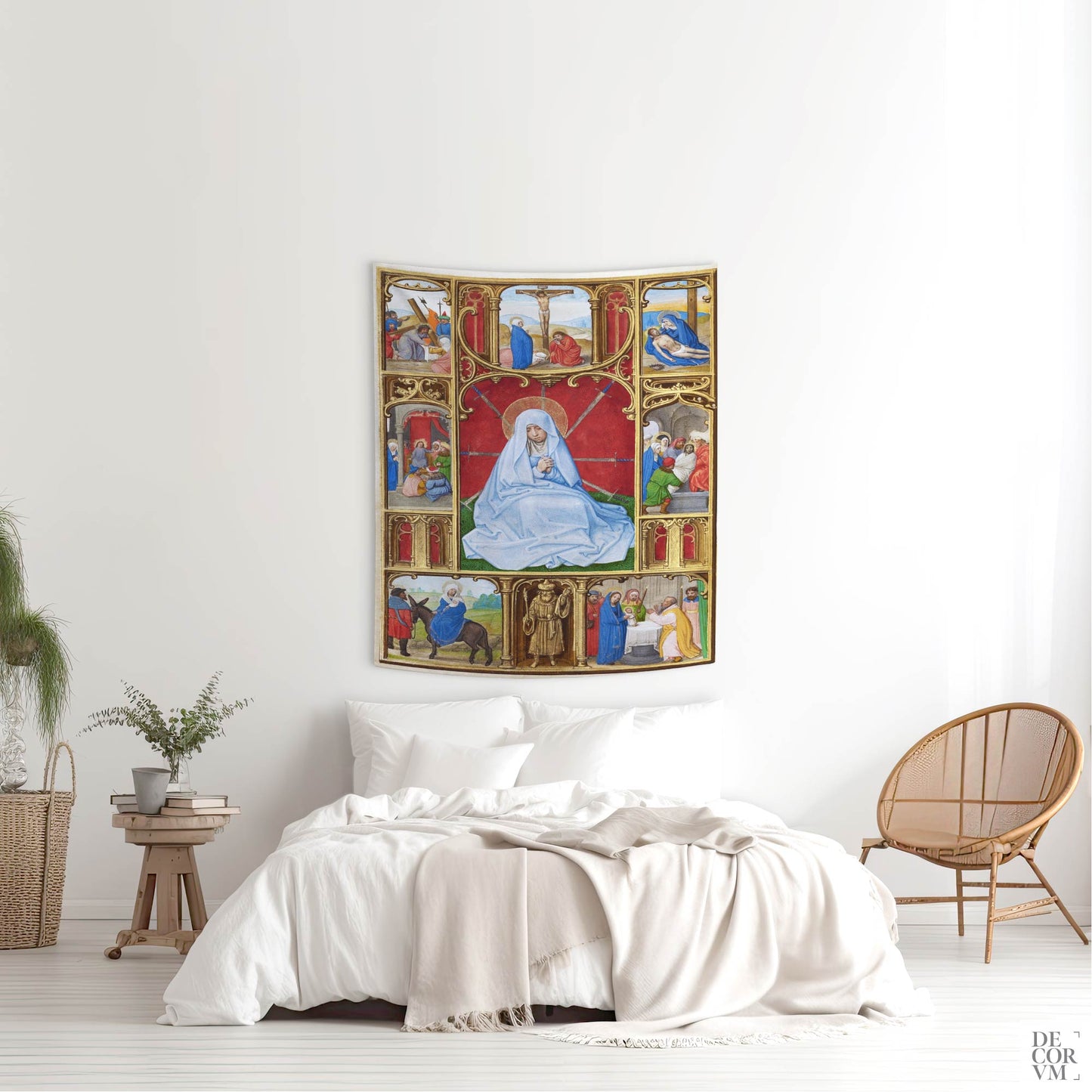 Seven Sorrows of the Virgin Mary wall tapestry hanging over a cozy bed in a bright bohemian bedroom with potted plants and a wicker chair.