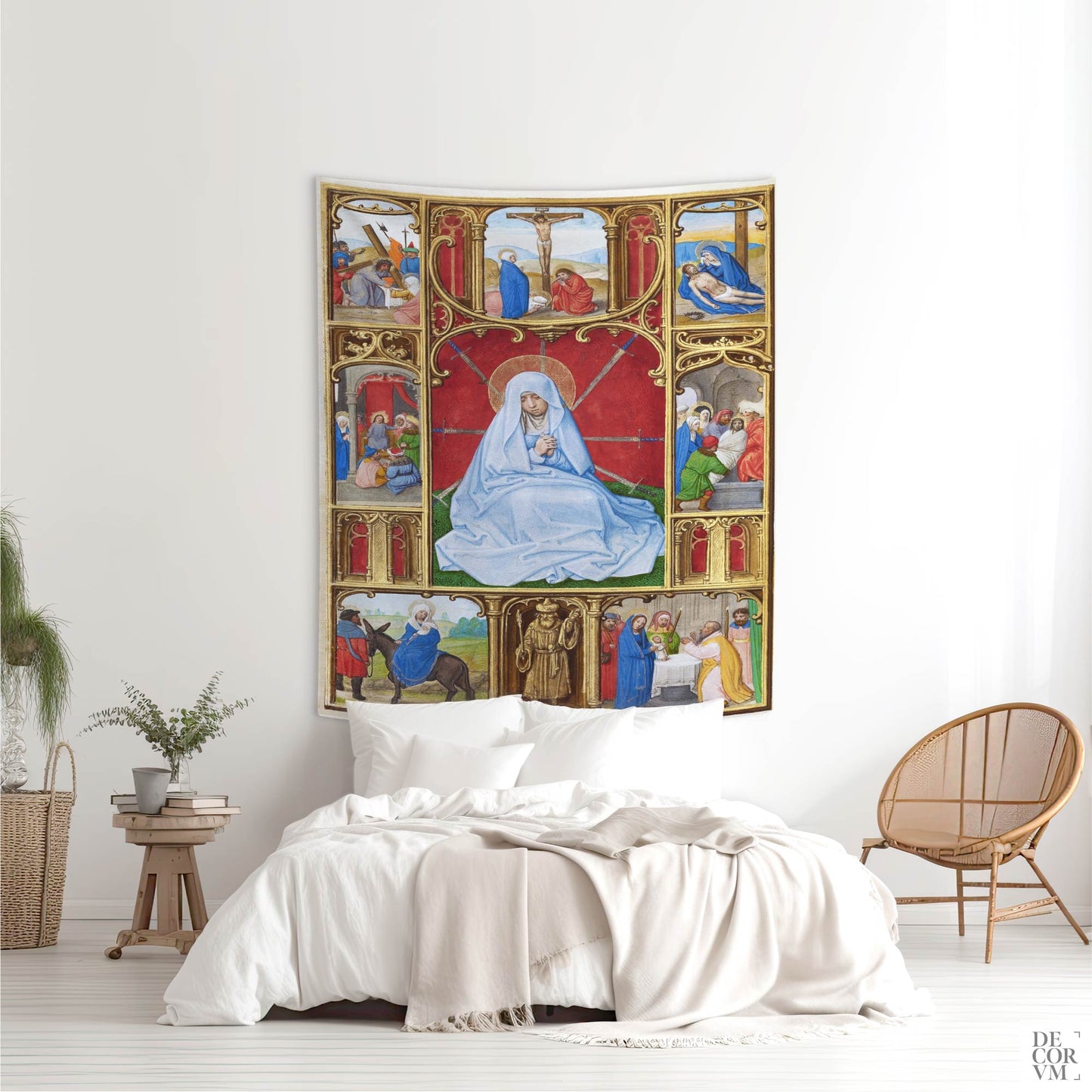 Large Seven Sorrows of the Virgin Mary wall tapestry by Simon Bening, displayed above a bed in a bright natural-toned room.