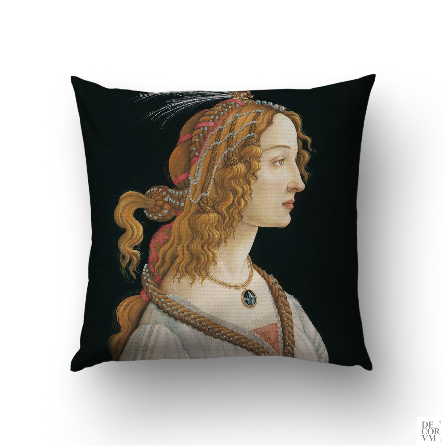 Botticelli Simonetta Vespucci cushion cover — Italian Renaissance profile portrait with pearled hair on deep black ground by Decorvm.